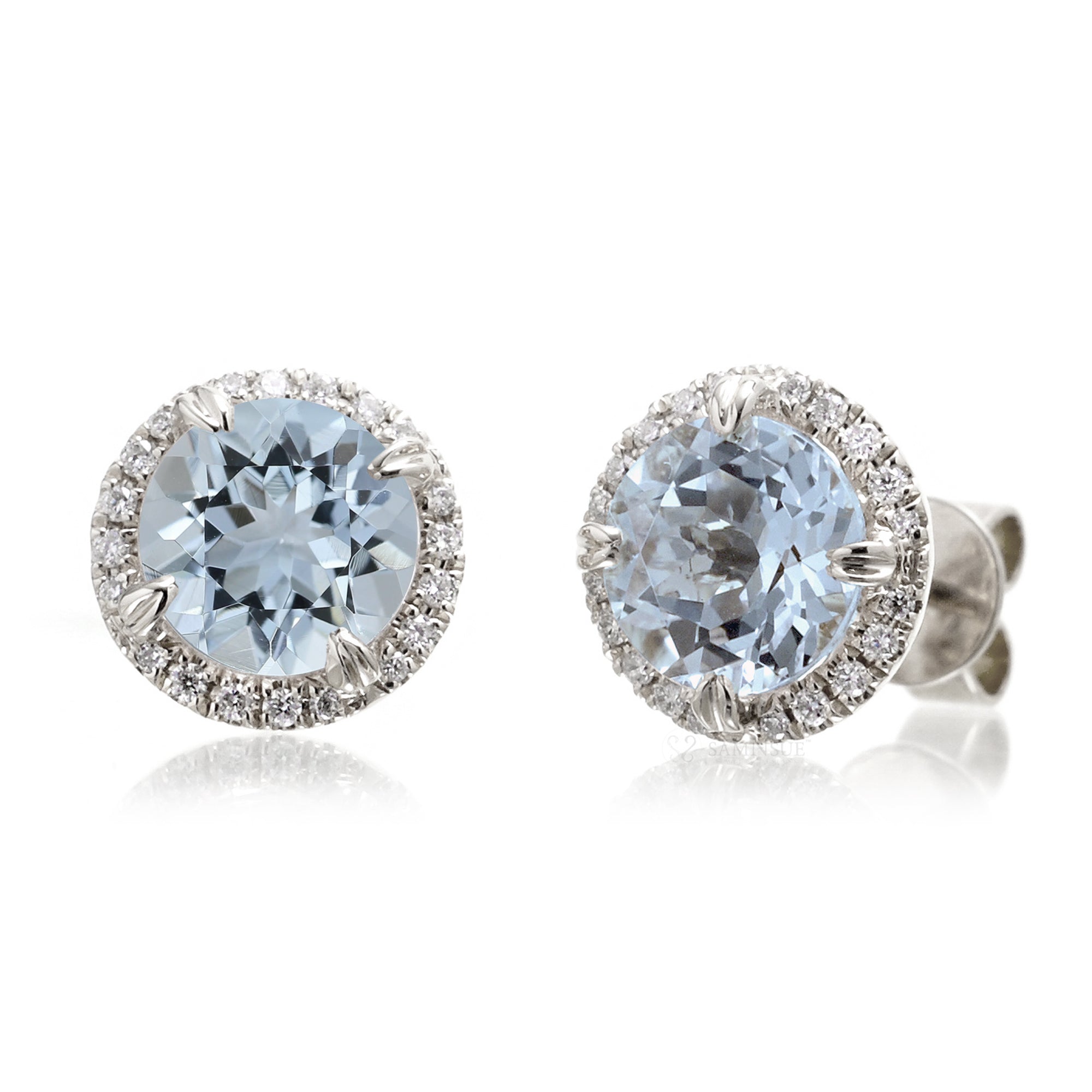 The Signature Round Aquamarine Studs Earrings With Diamond Halo