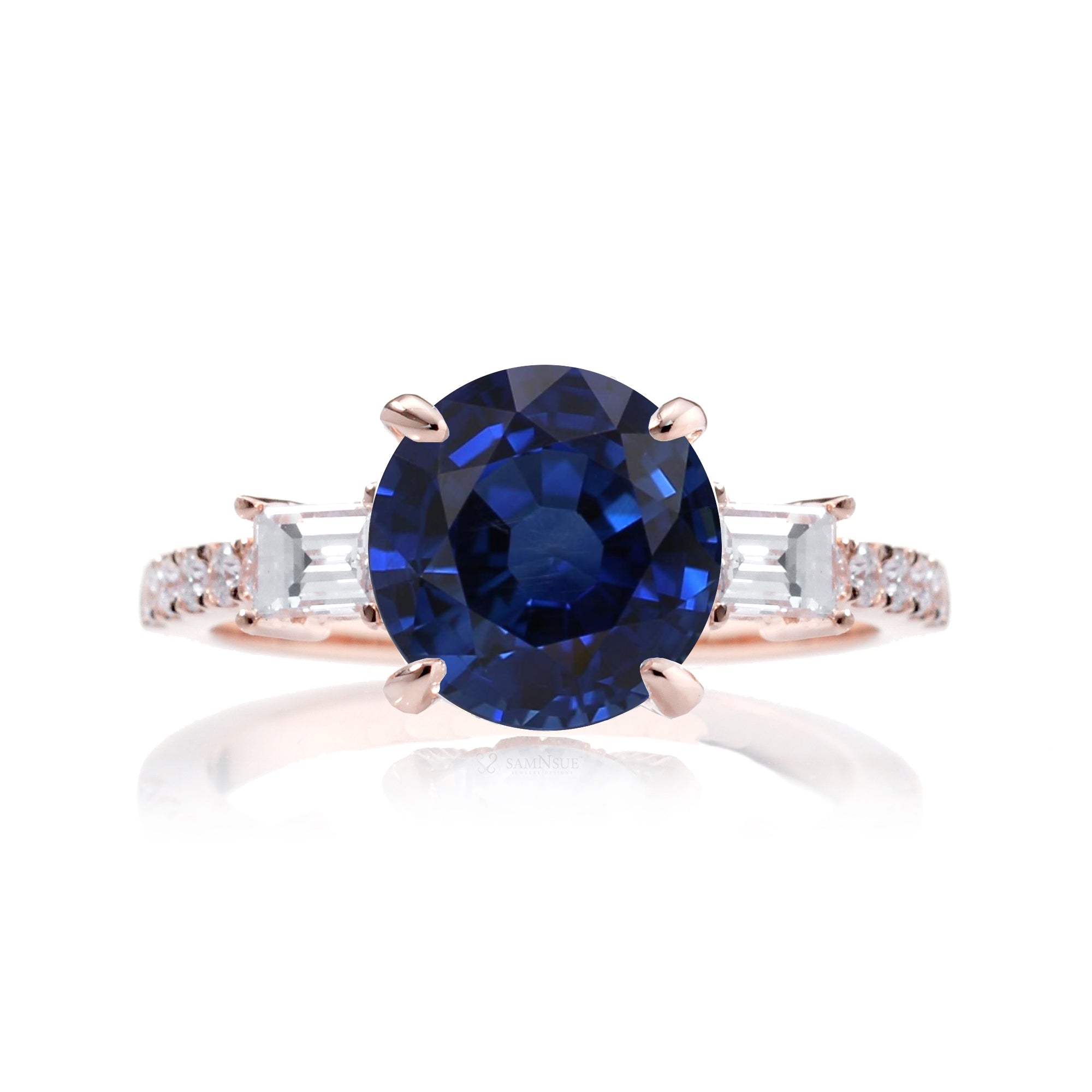 Sapphire ring three stone baguette rose gold