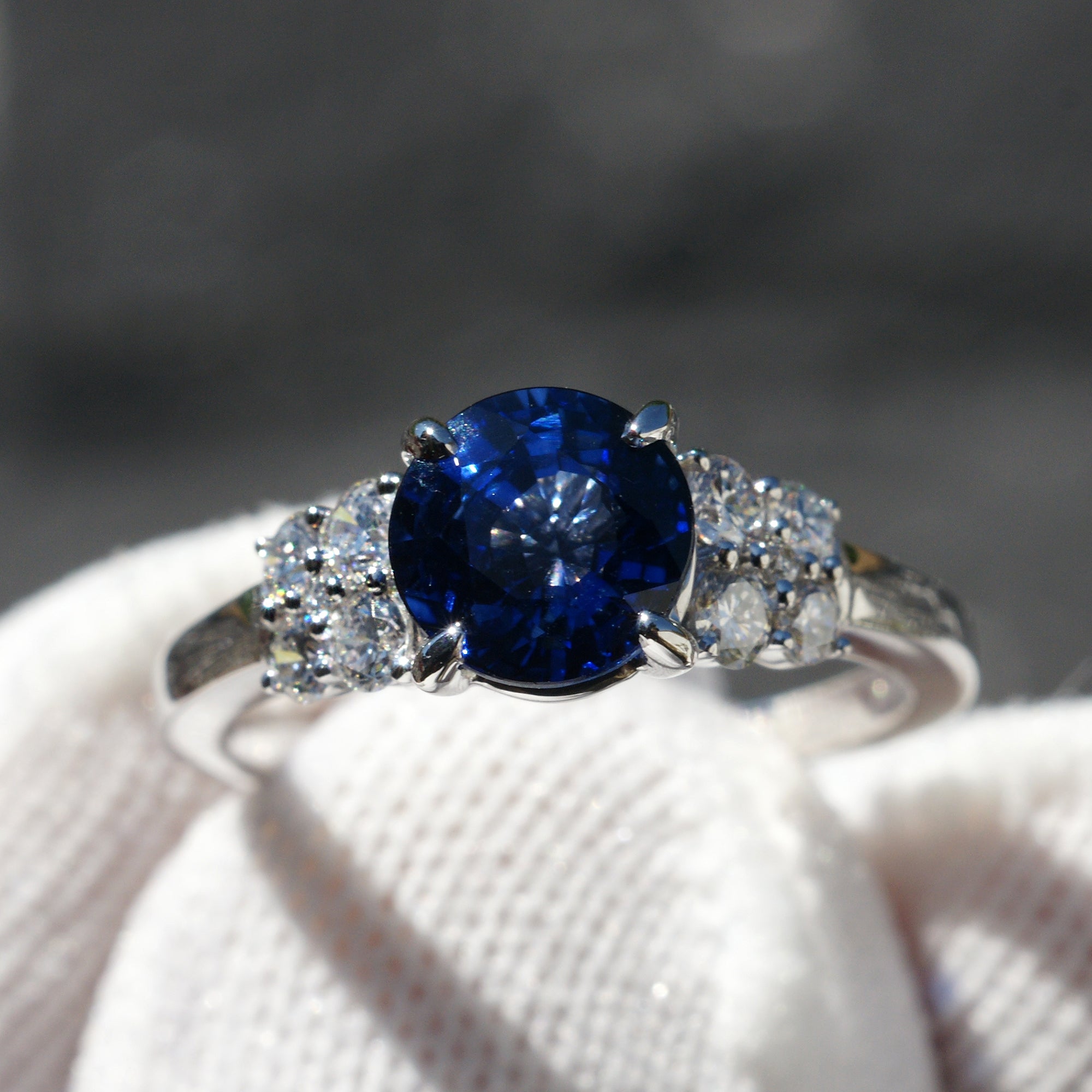 Round Ceylon Sapphire Diamond Ring 2.14ct - Three Stone Design