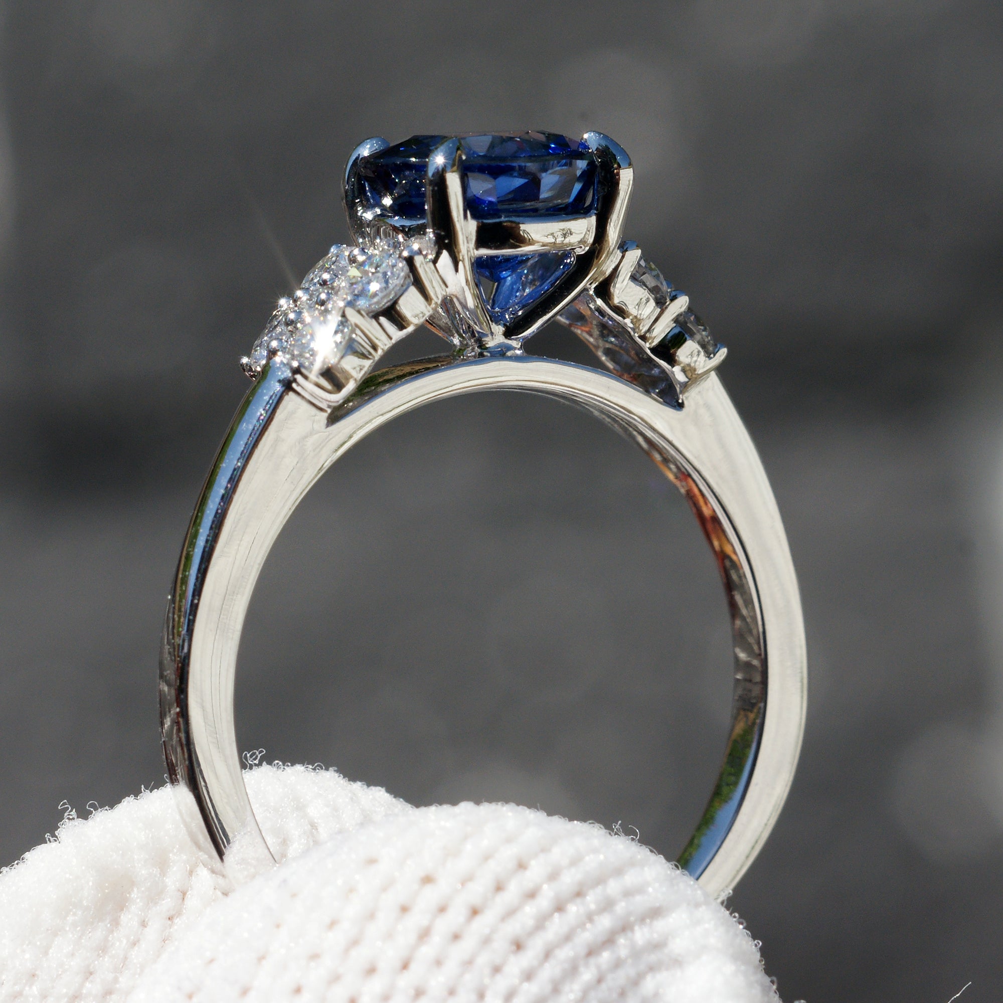 Round Ceylon Sapphire Diamond Ring 2.14ct - Three Stone Design
