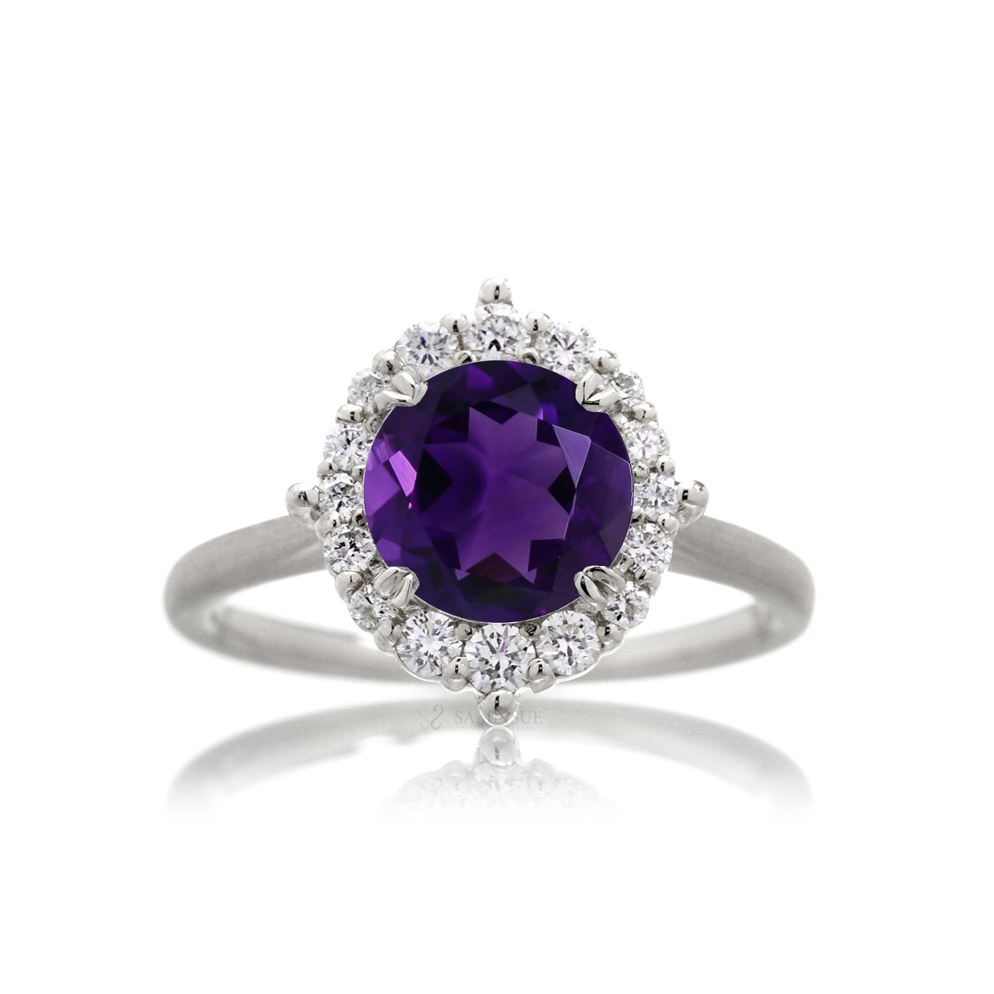 Round cut amethyst diamond halo engagement ring the haley white gold