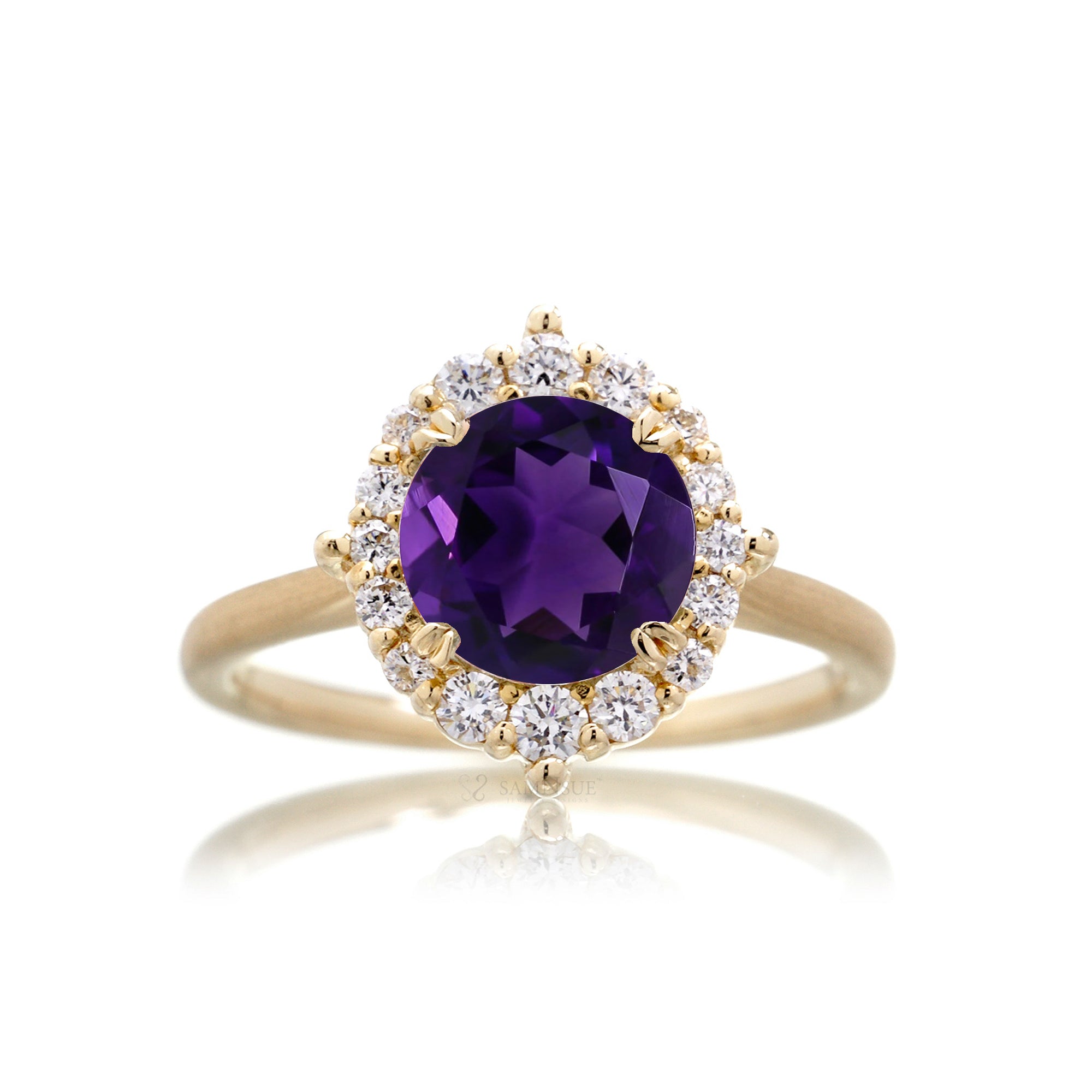 Round cut amethyst diamond halo engagement ring the haley yellow gold