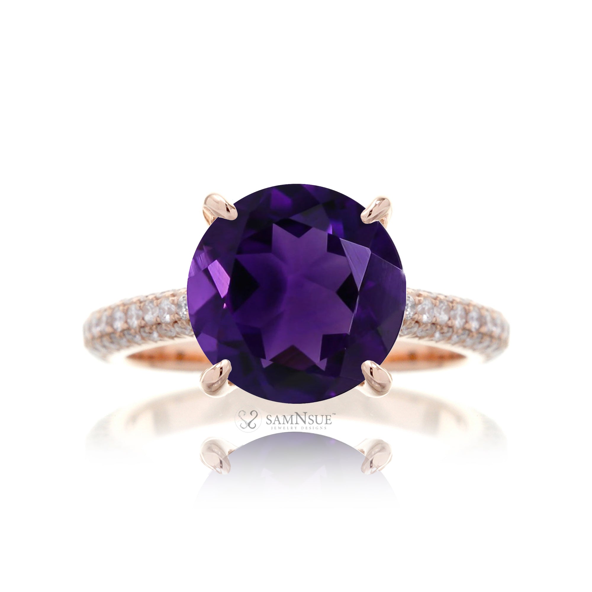 Round Amethyst Engagement Ring with Diamond Triple Row Band