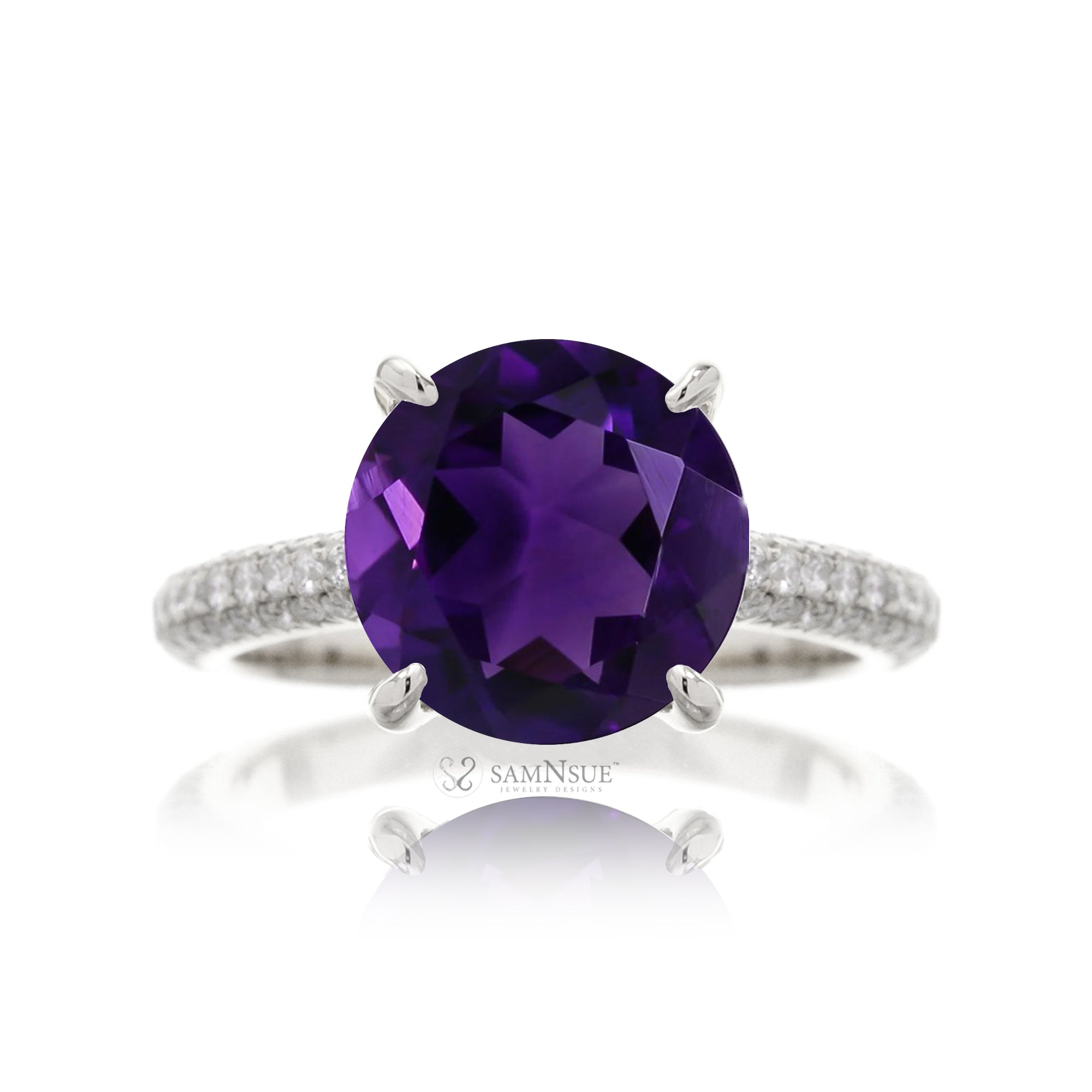 Round Amethyst Engagement Ring with Diamond Triple Row Band