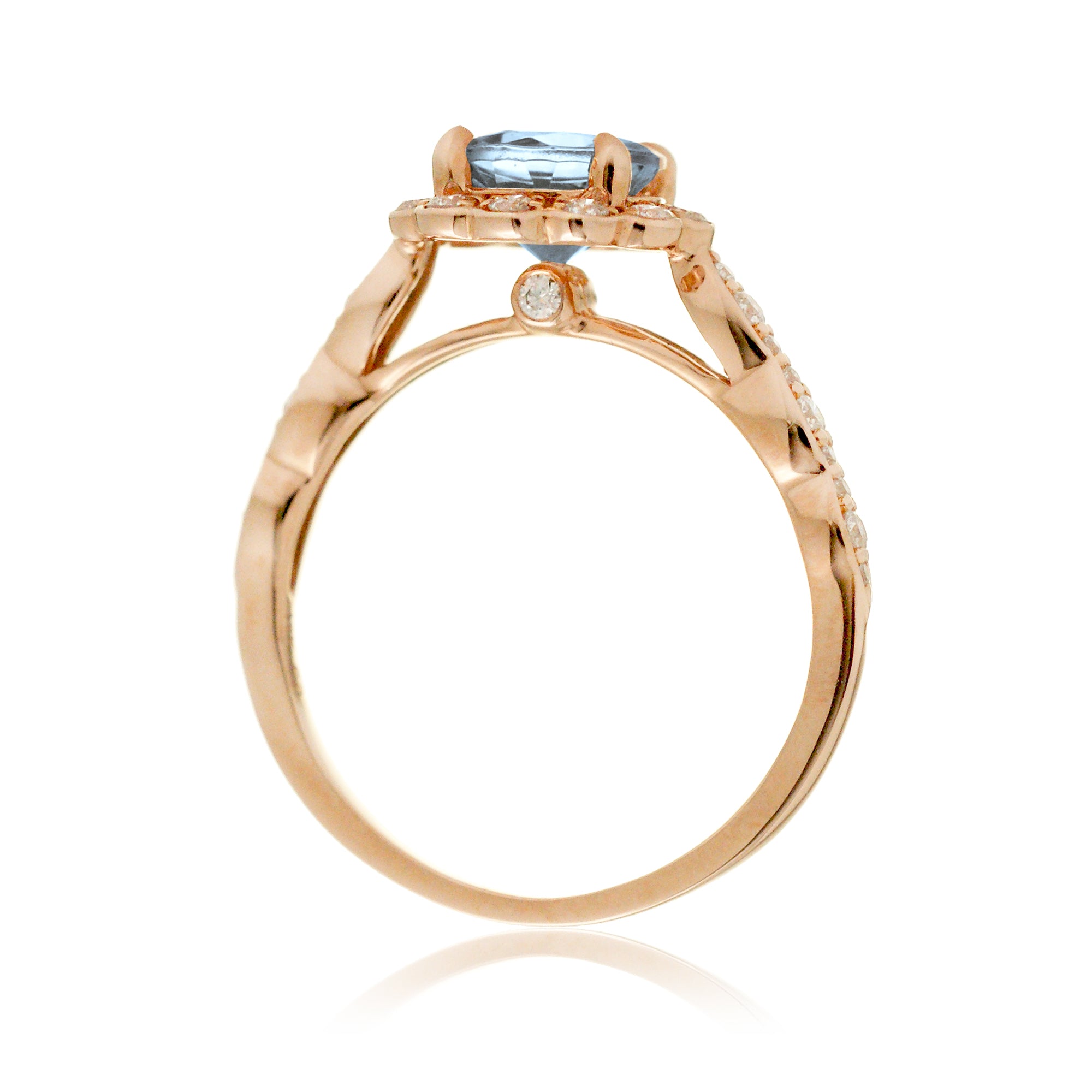 Round cut aquamarine with diamond halo and band the scallop rose gold