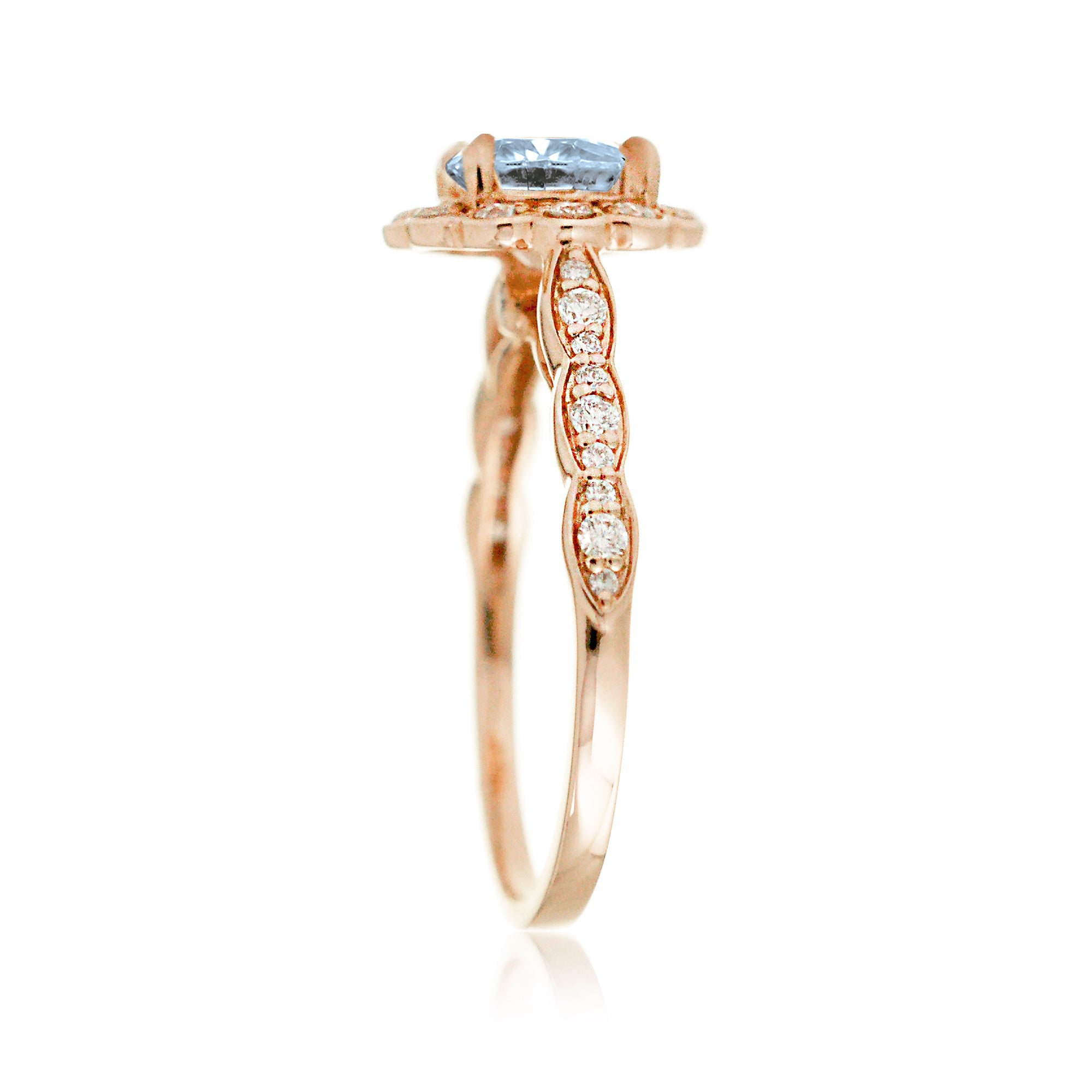 Round cut aquamarine with diamond halo and band the scallop rose gold