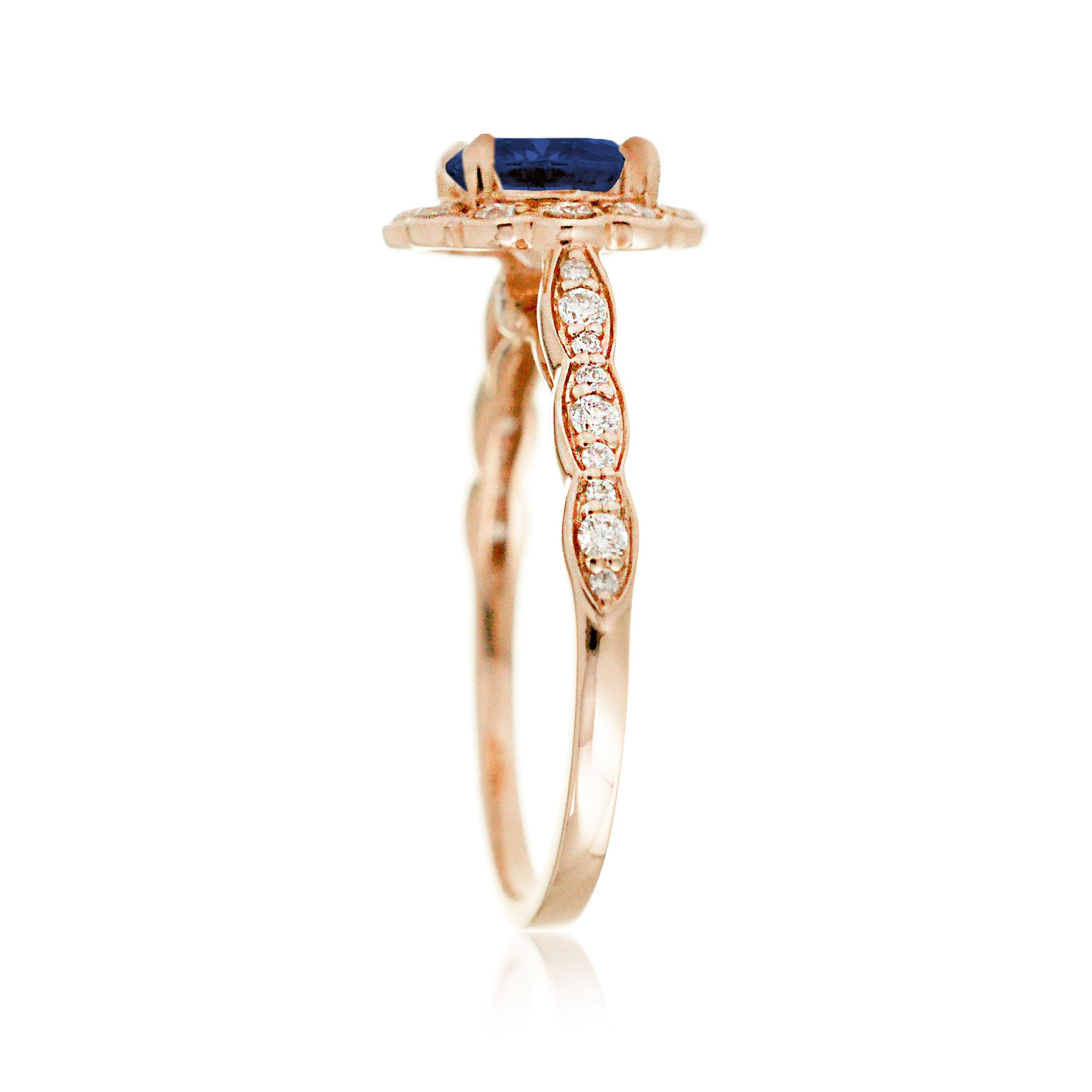 Round Blue Sapphire Scallop Halo Diamond Ring in Rose Gold