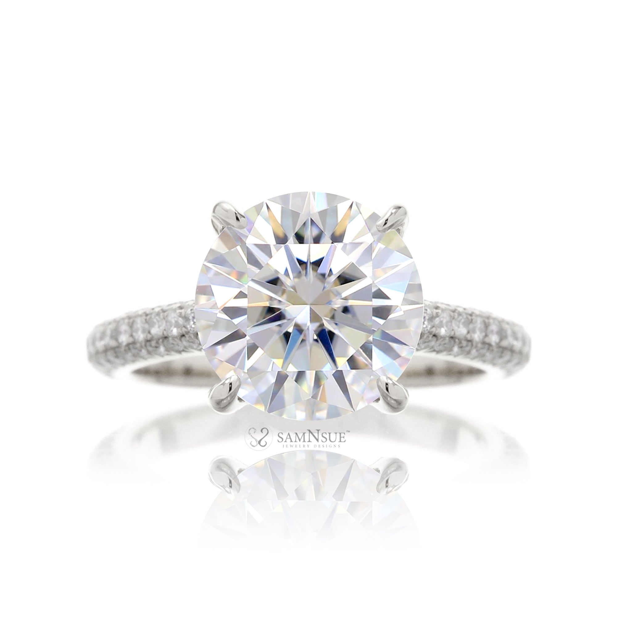 Round Diamond Triple Row Engagement Ring with Accent Stones