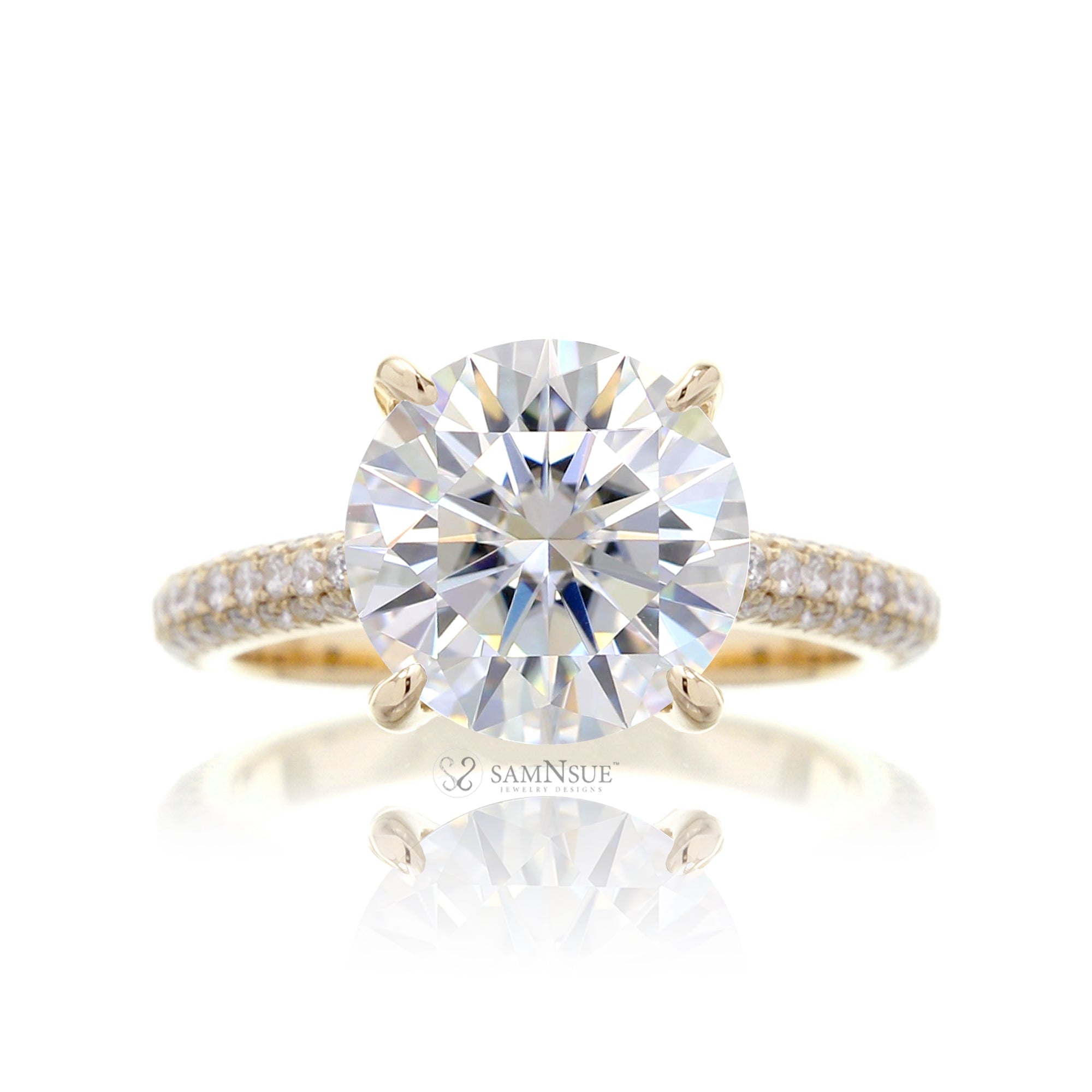 Classic Round Cut Diamond Ring with Pave Triple Band