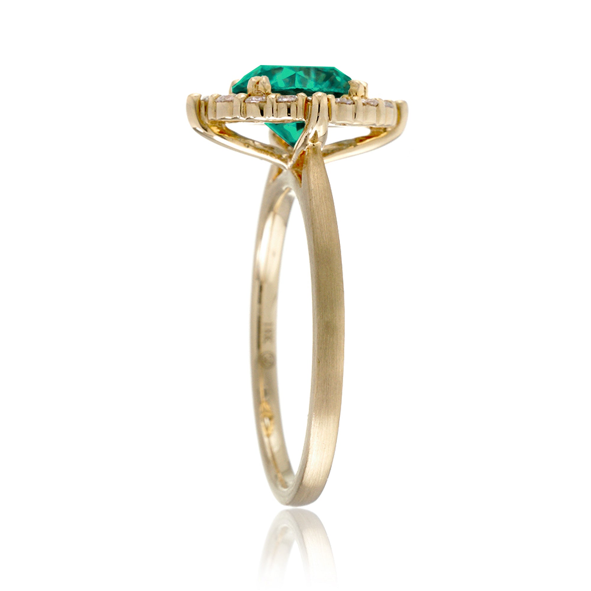 Round cut lab-grown green emerald diamond halo solid yellow gold gemstone ring