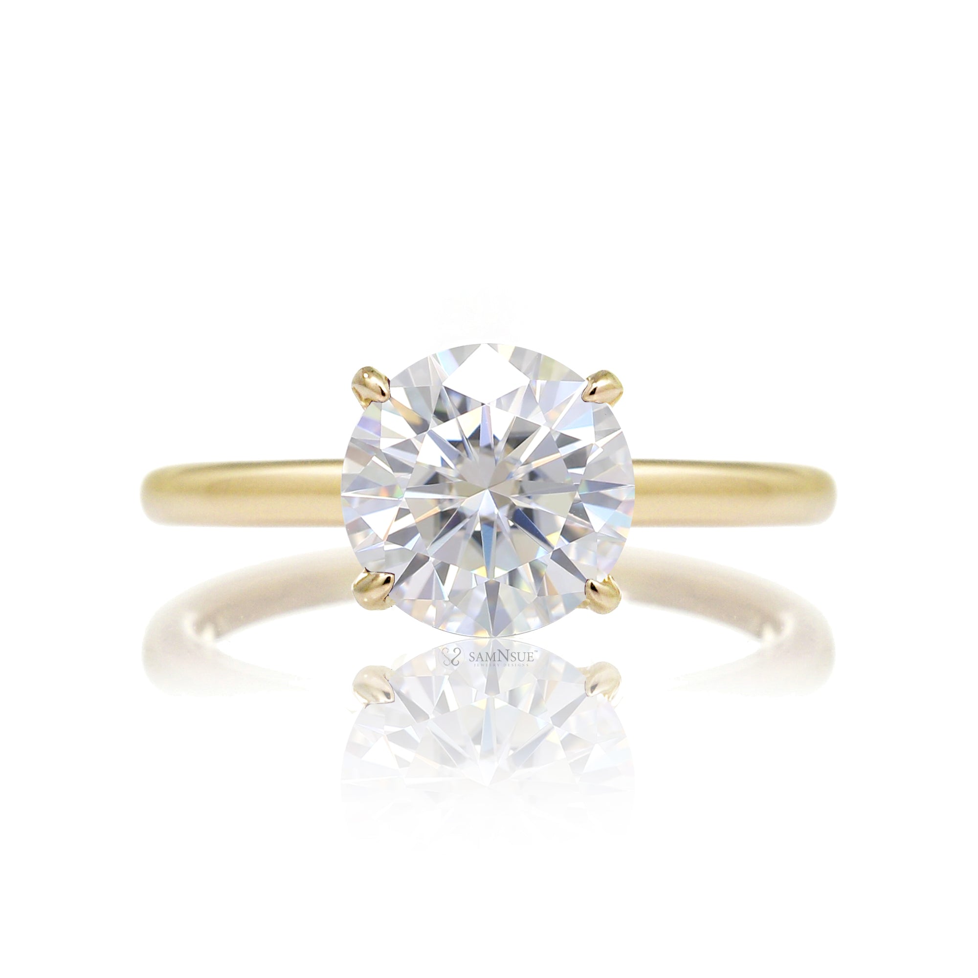 Solitaire round moissanite ring diamond hidden halo solid band in yellow gold