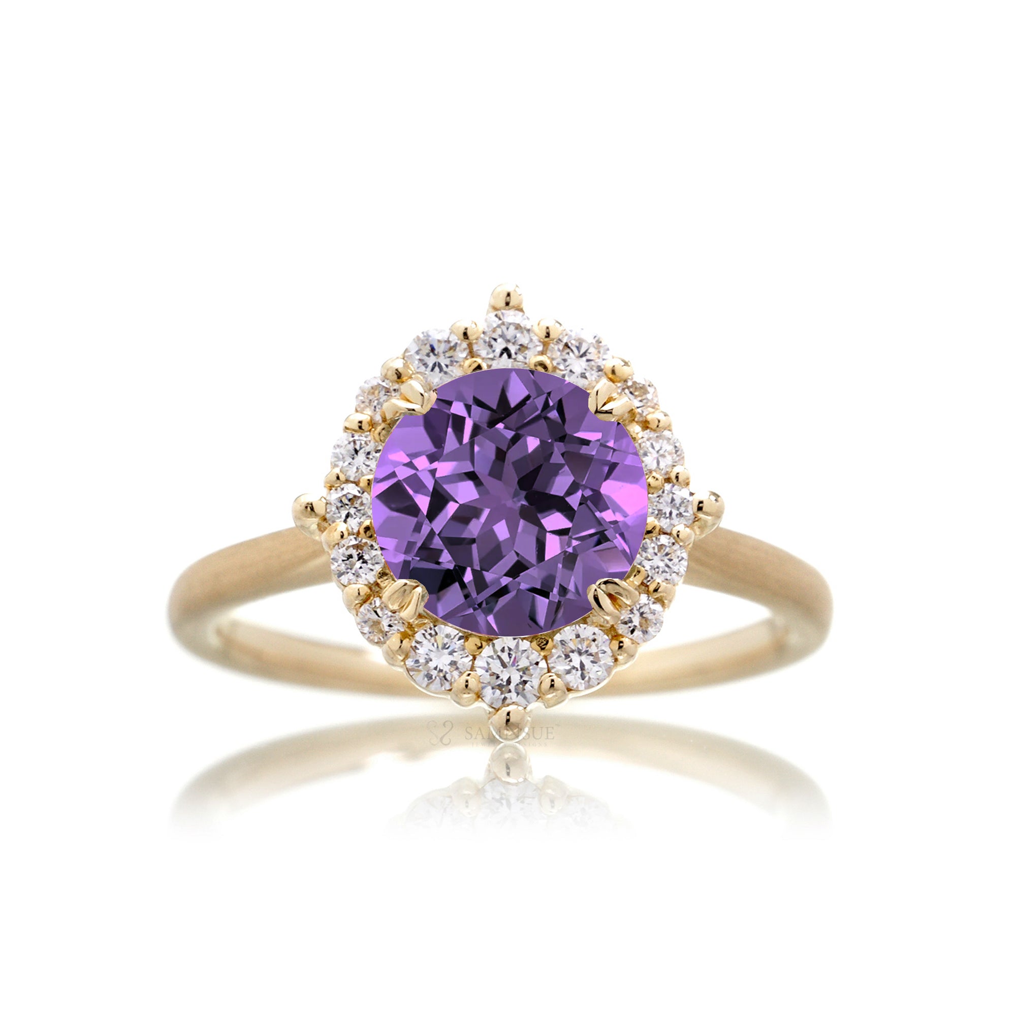Round cut purple sapphire lab-grown diamond halo engagement ring the haley yellow gold