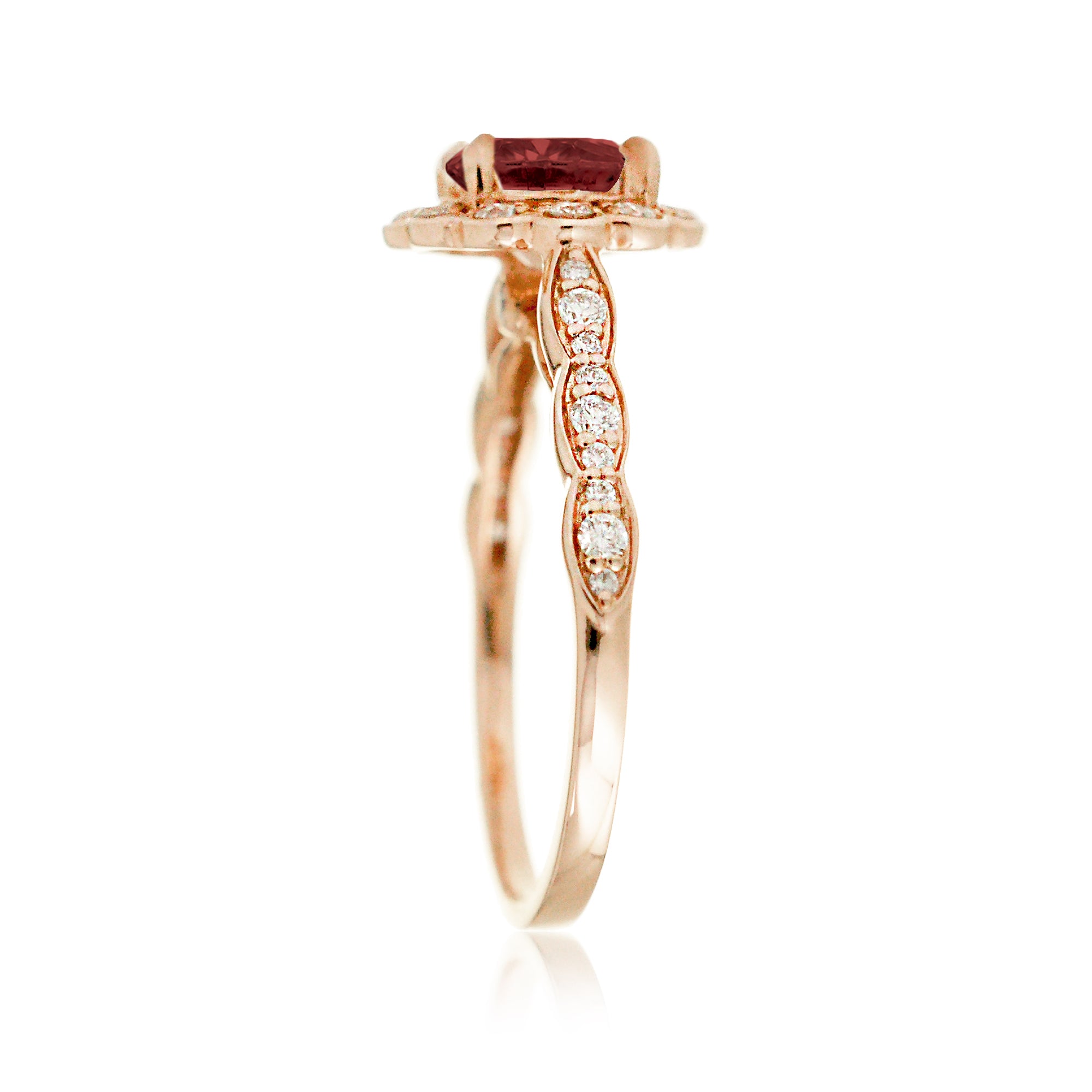 Round ruby scallop halo diamond engagement ring in rose gold