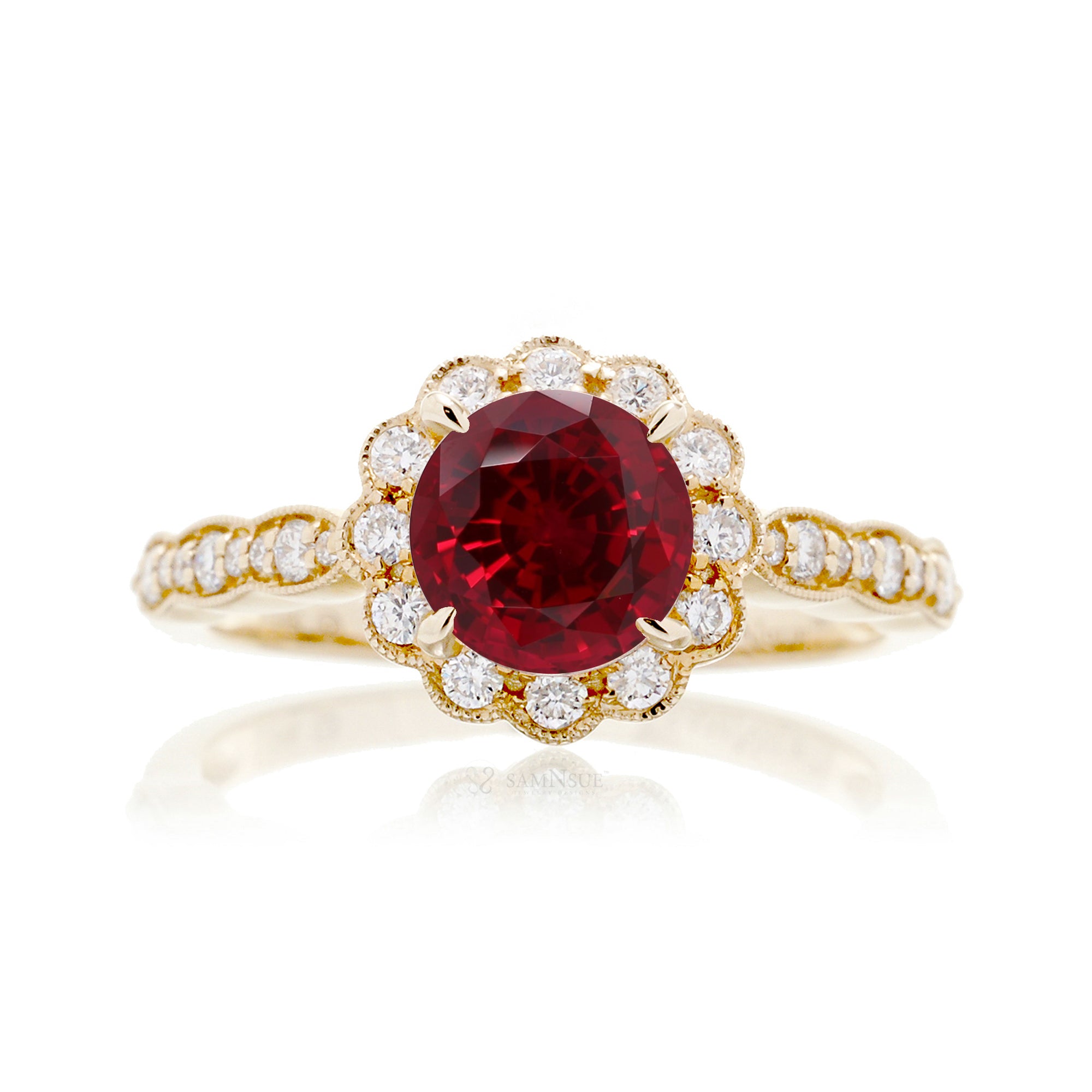 Round ruby scallop halo diamond engagement ring in yellow gold