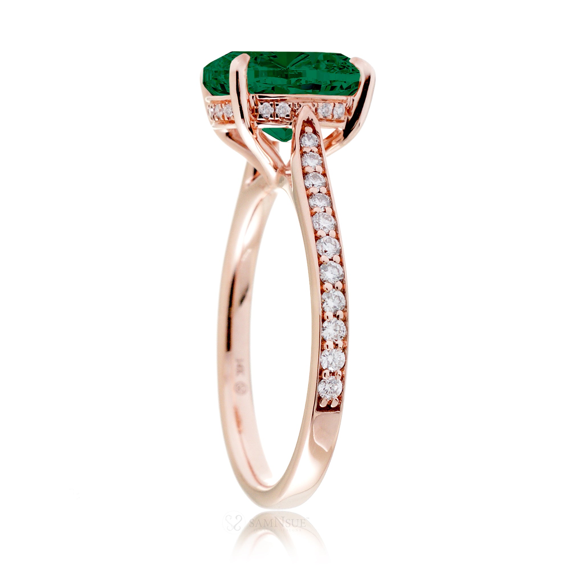 Round green emerald solitaire engagement ring with a diamond band and hidden halo - the emily in rose gold
