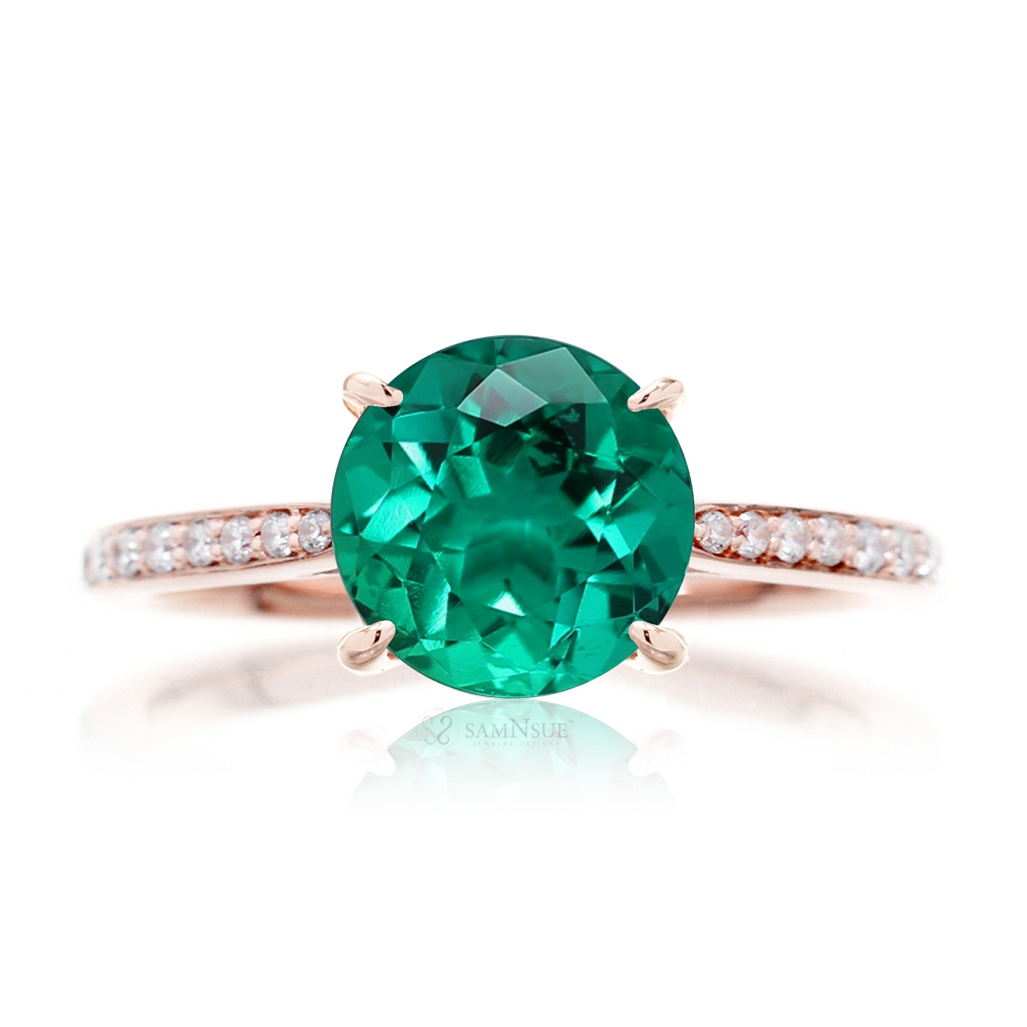Round green emerald solitaire engagement ring with a diamond band - the emily in rose gold