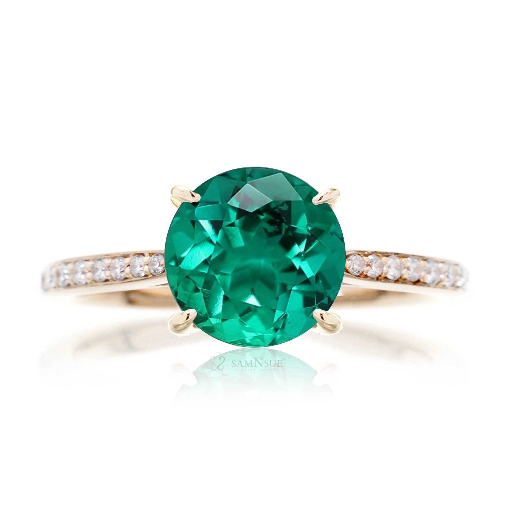 Round green emerald solitaire engagement ring with a diamond band - the emily in yellow gold