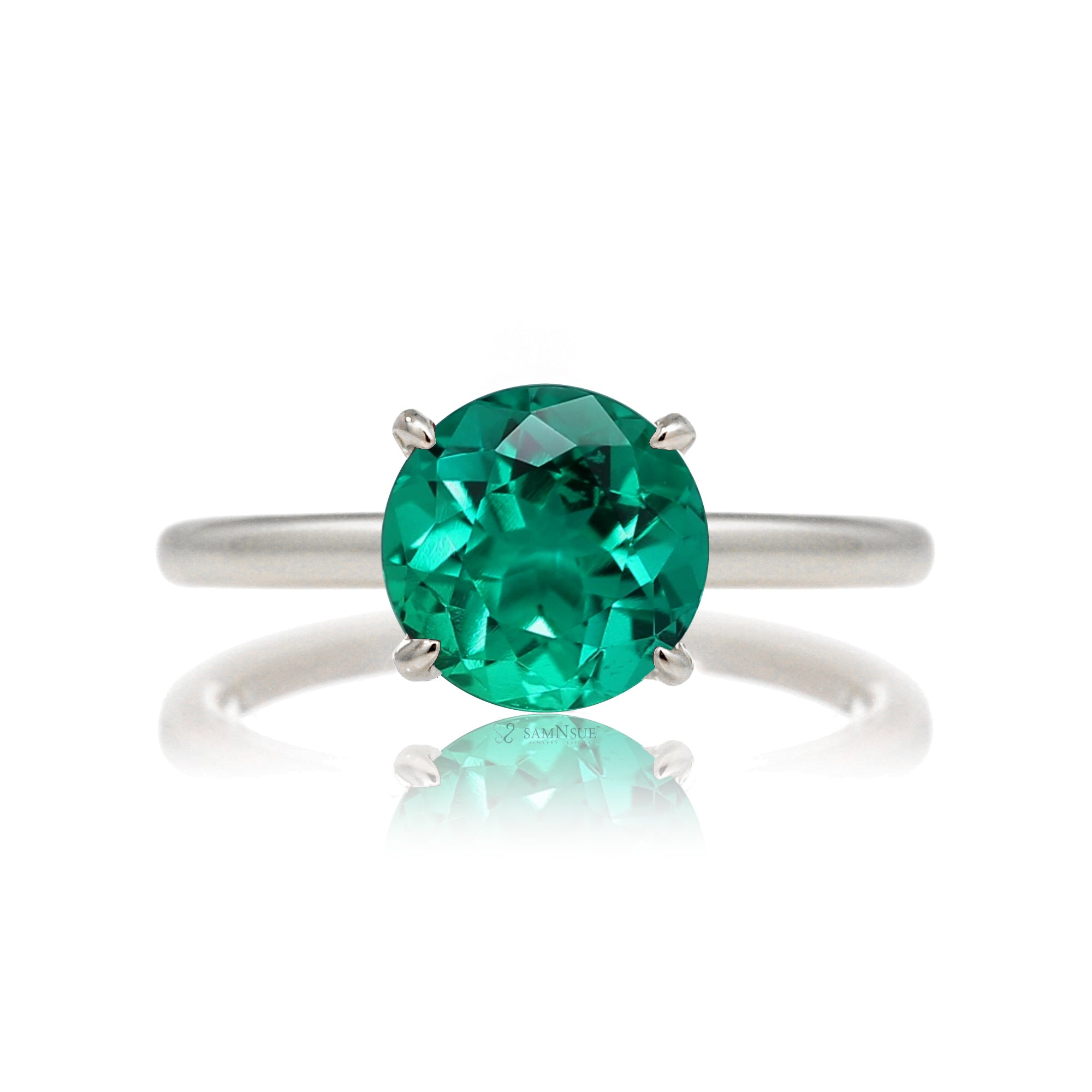 Round cut green emerald ring with diamond hidden halo on white gold