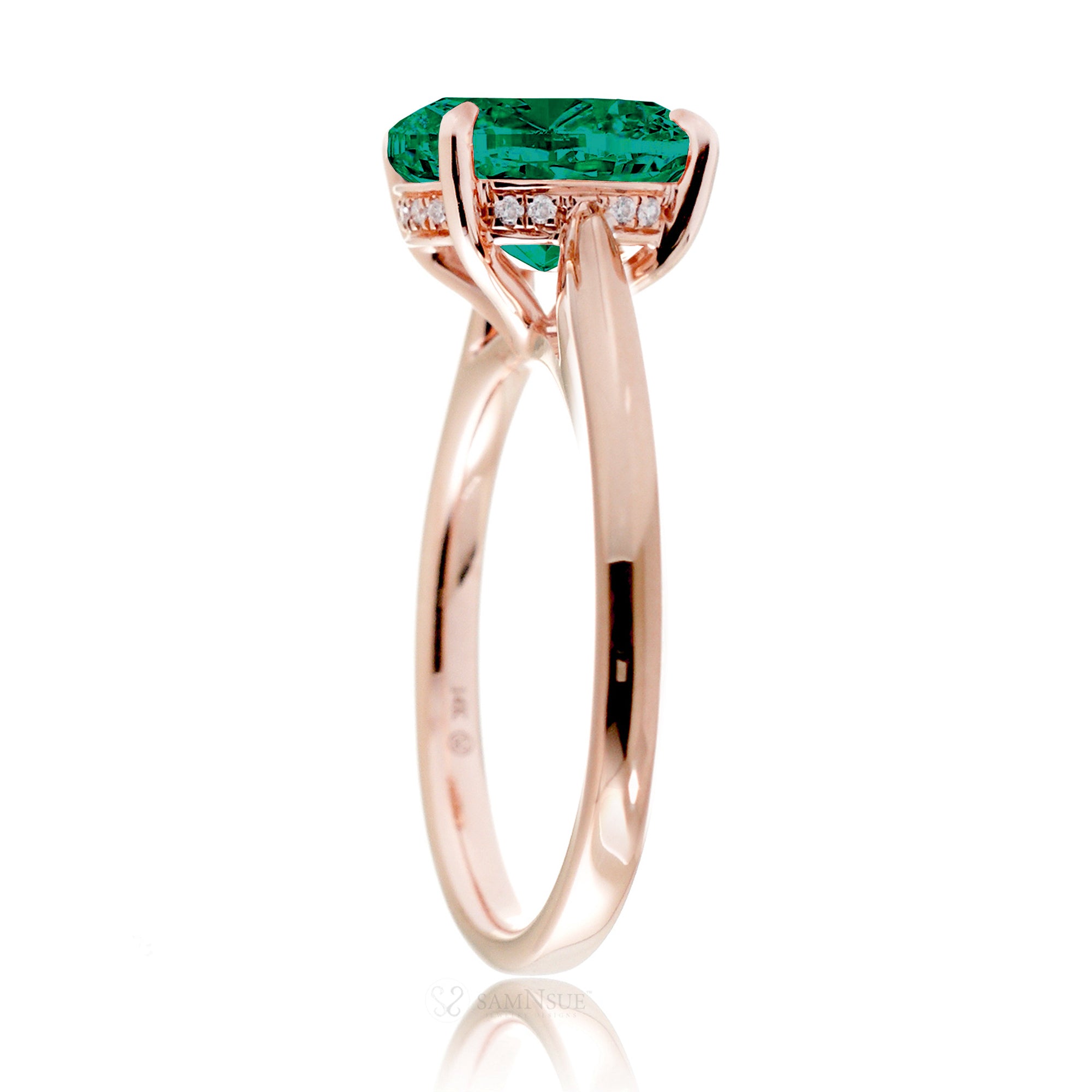 Round green emerald solitaire engagement ring with a solid band and hidden halo - the emily in rose gold