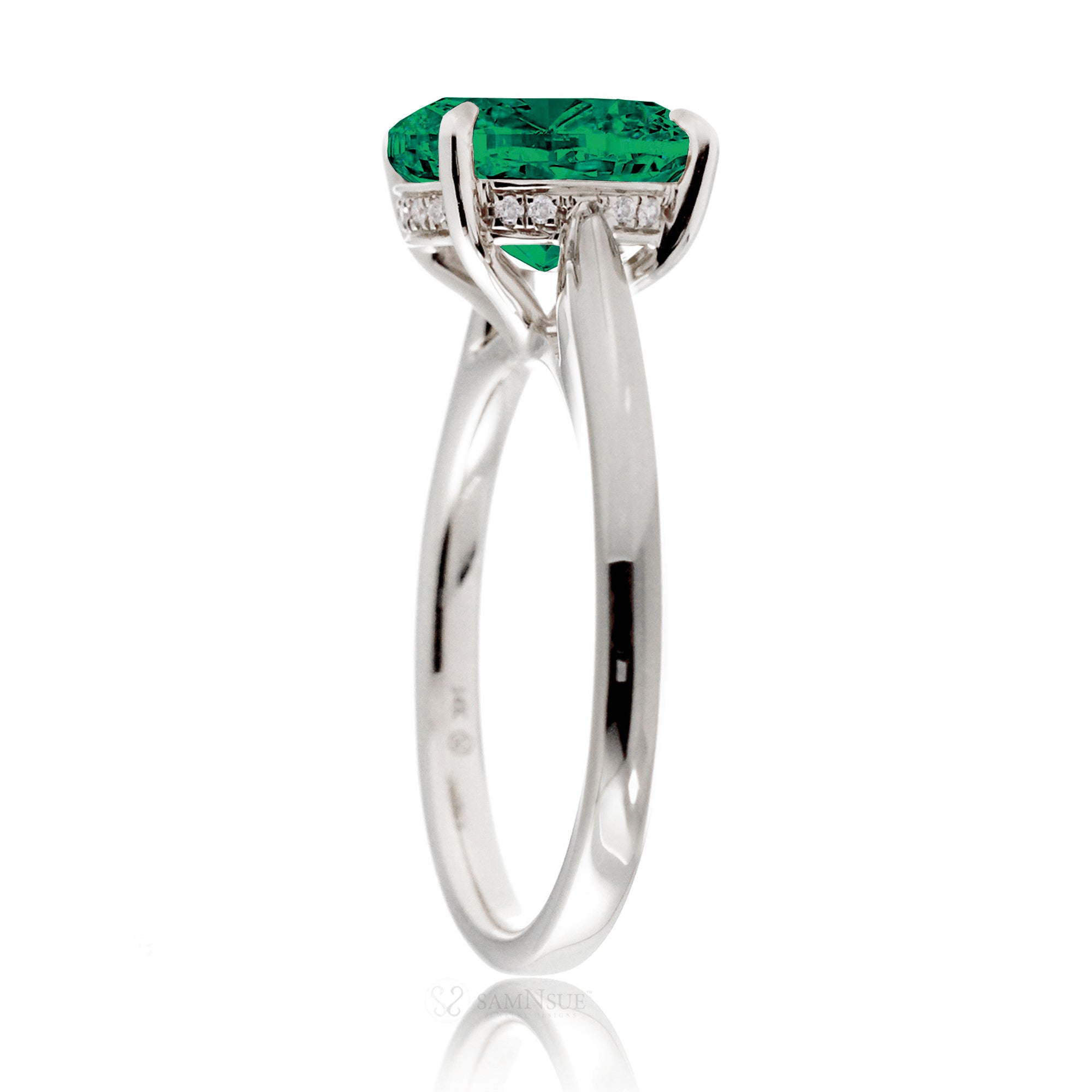 Round green emerald solitaire engagement ring with a solid band and hidden halo - the emily in white gold