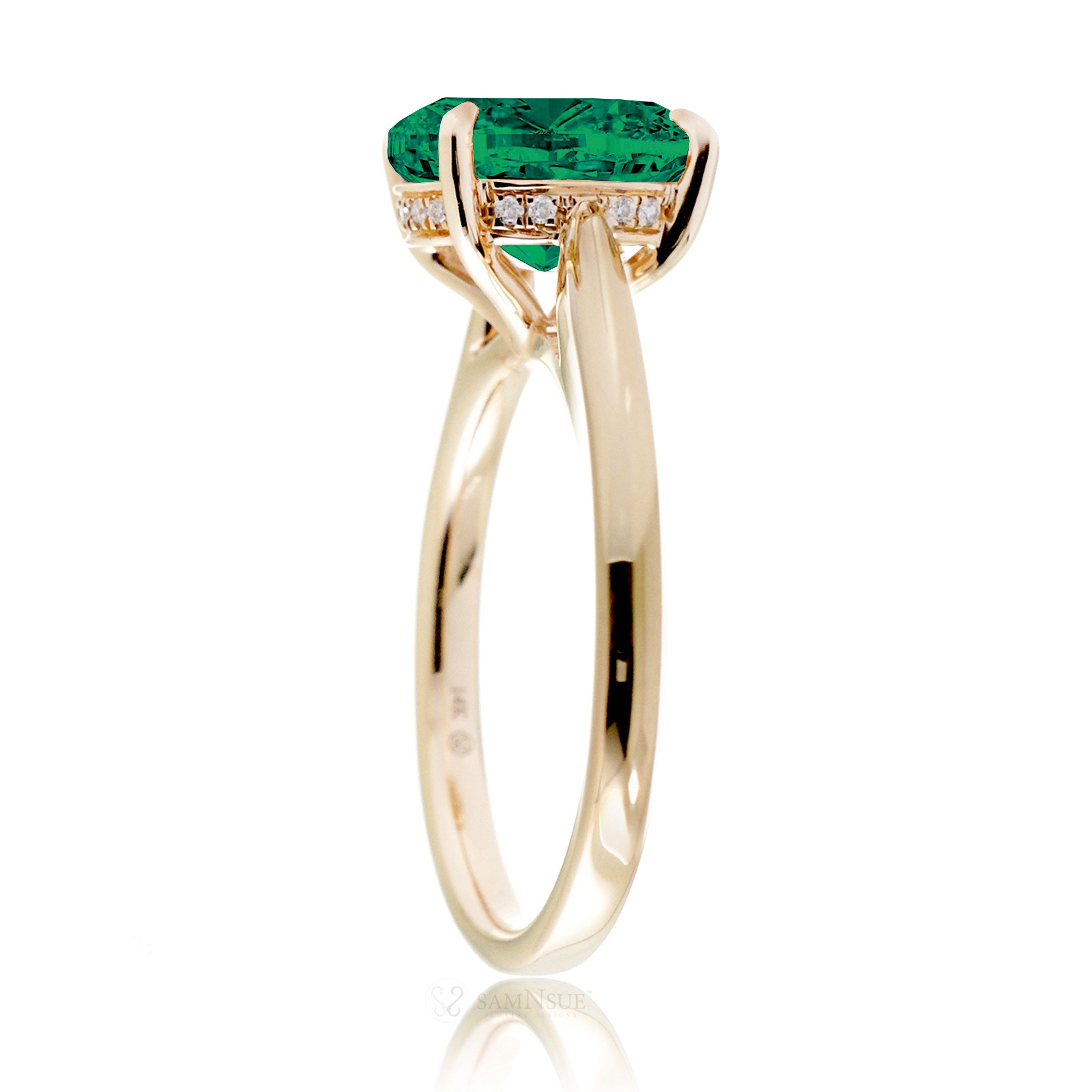 Round green emerald solitaire engagement ring with a solid band and hidden halo - the emily in yellow gold