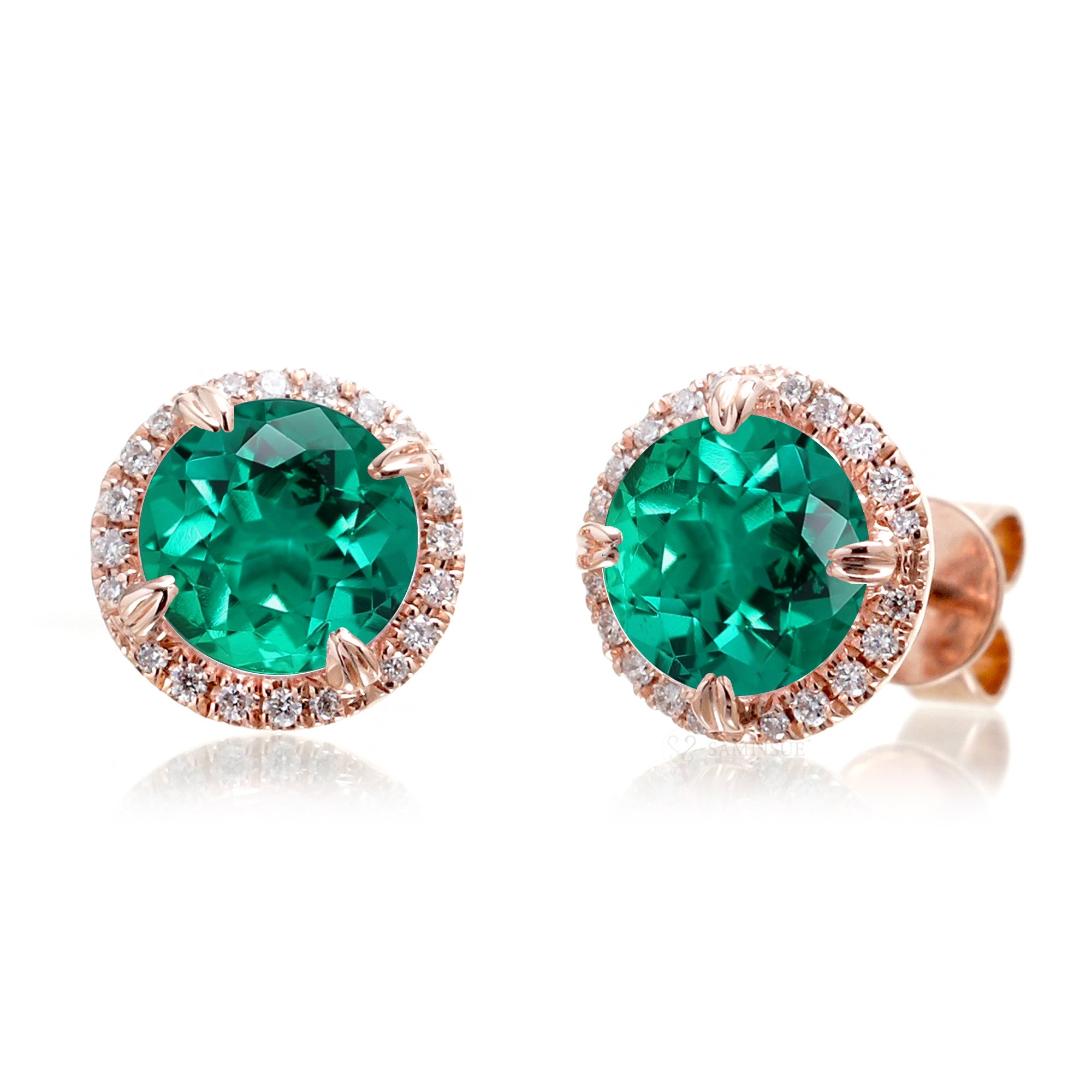 Emerald and Diamond Halo Earrings in Rose Gold