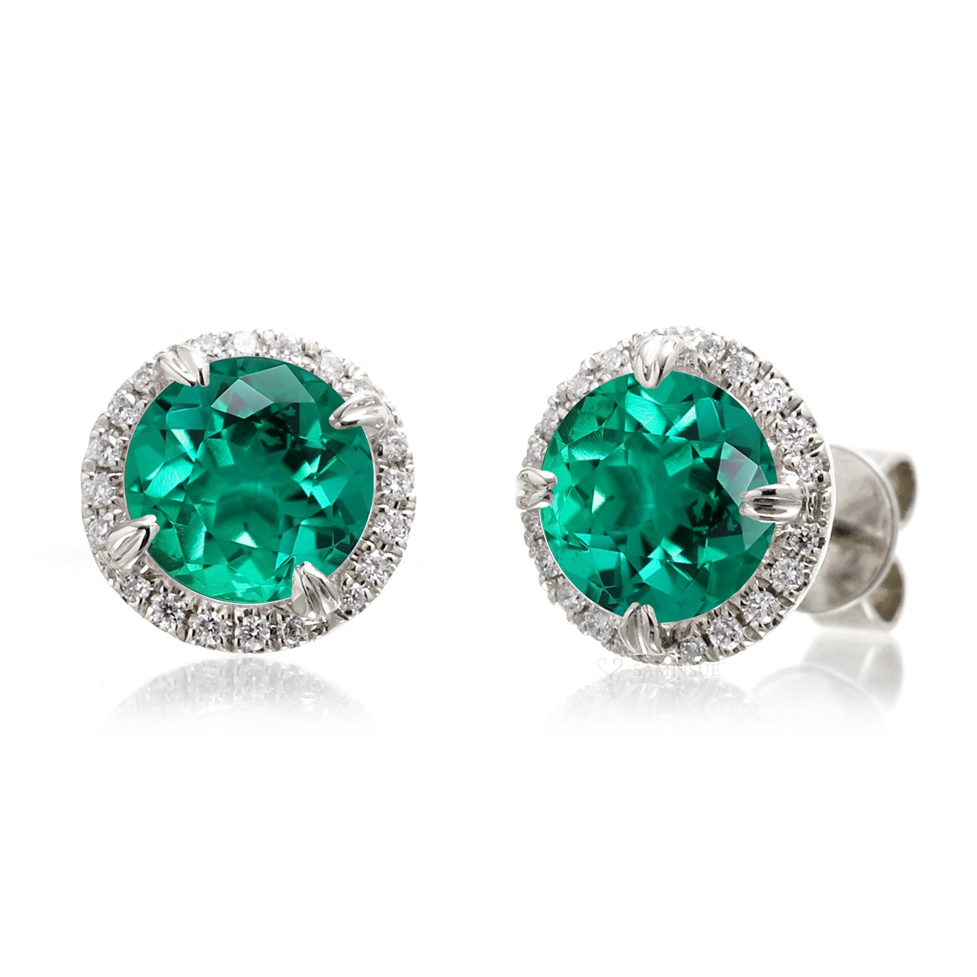 Emerald and Diamond Halo Earrings in White Gold