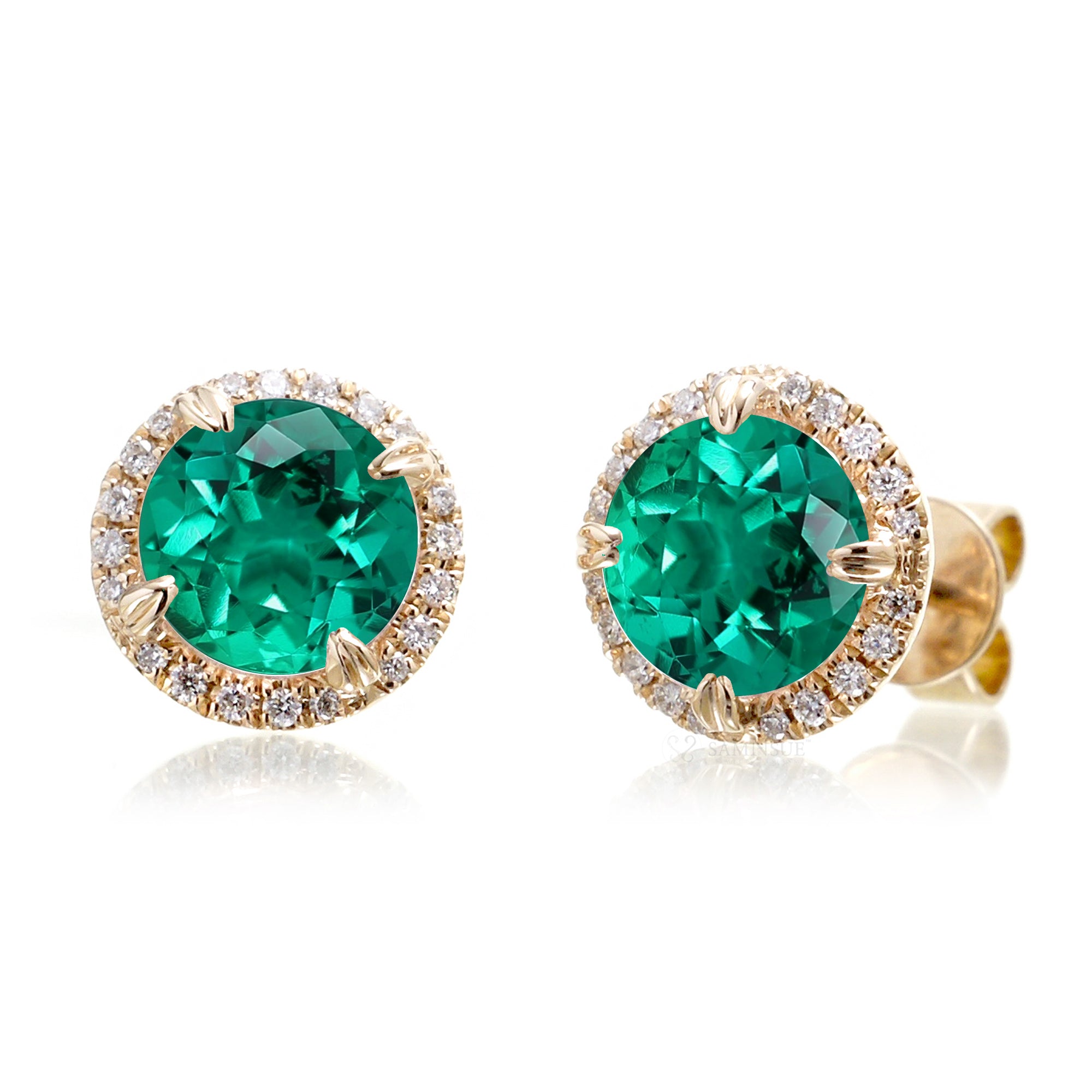 Emerald and Diamond Halo Earrings in Yellow Gold
