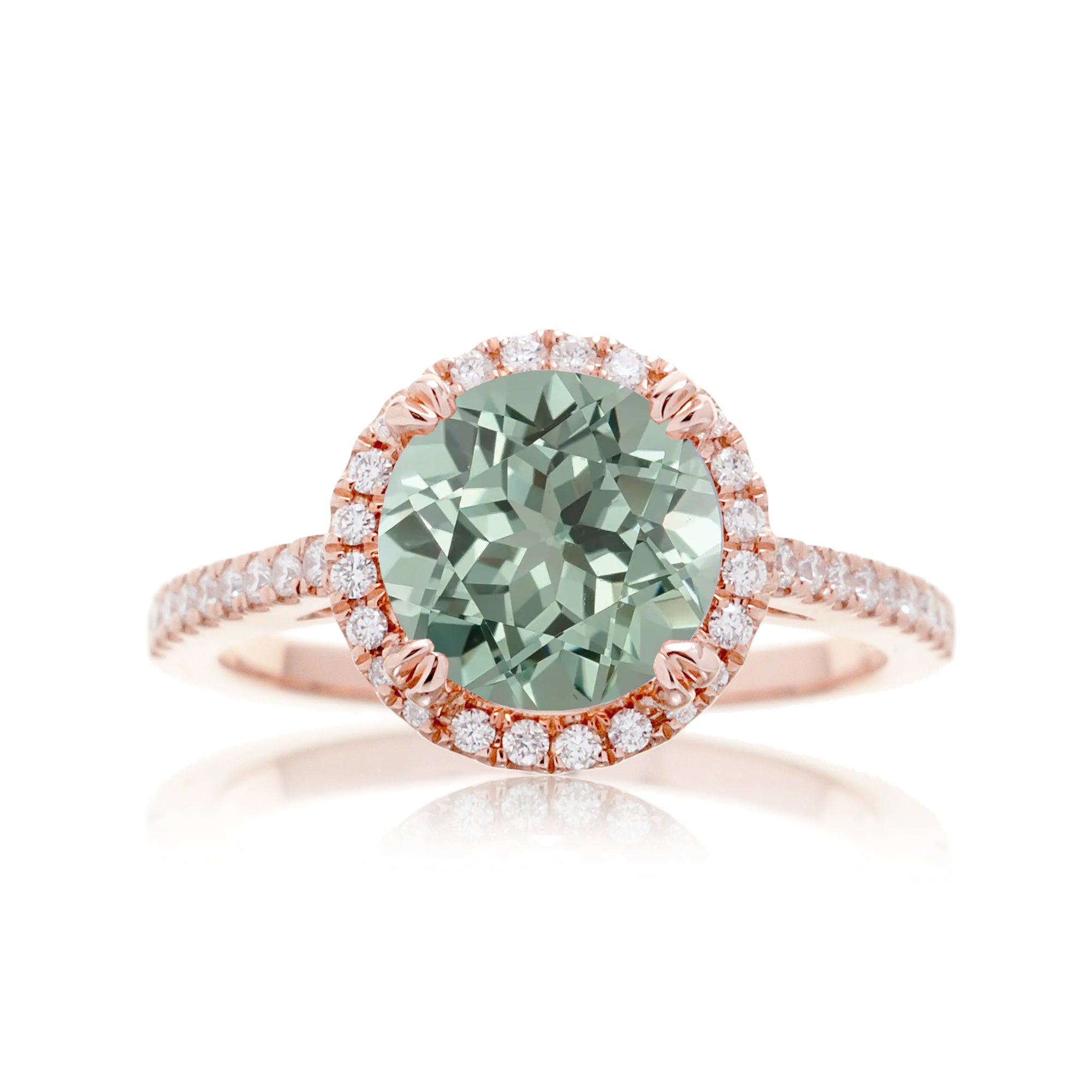 Round cut green sapphire diamond engagement ring with halo