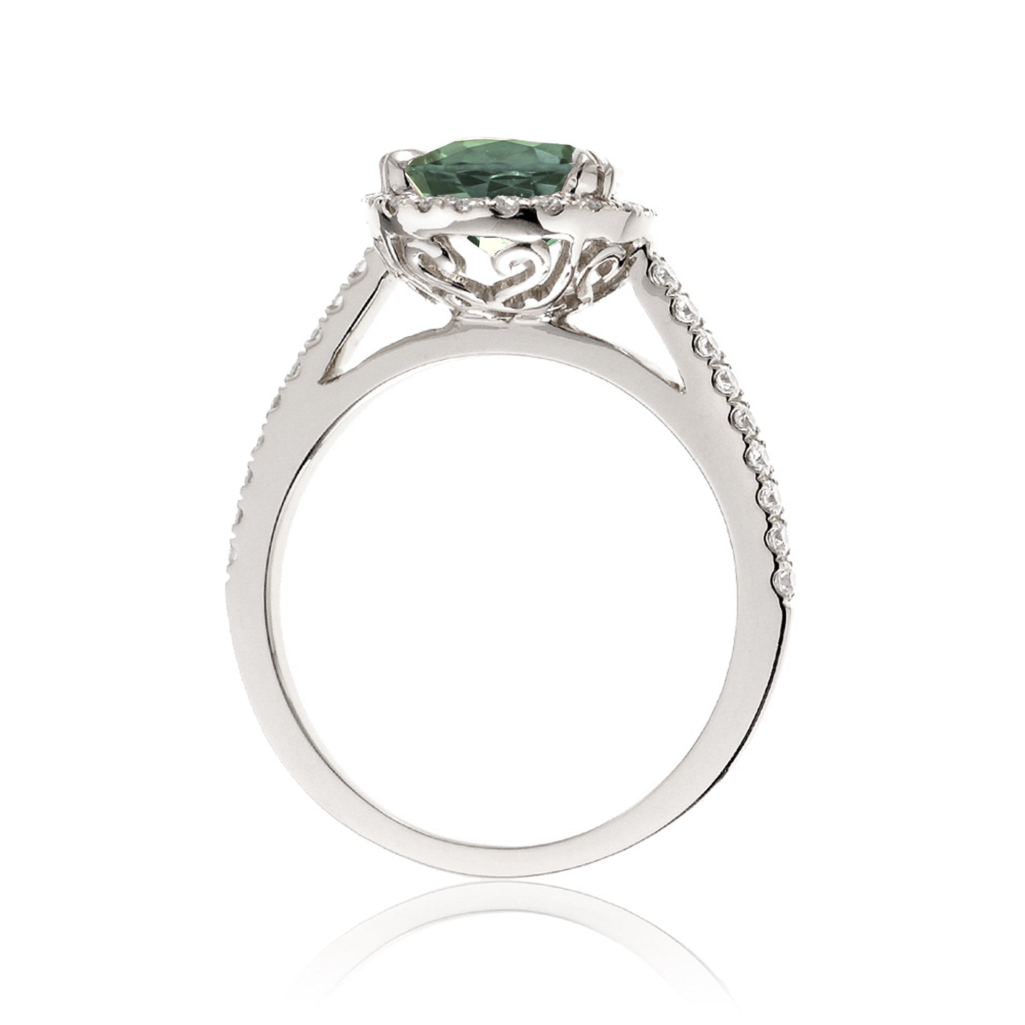 Round cut green sapphire diamond engagement ring with halo