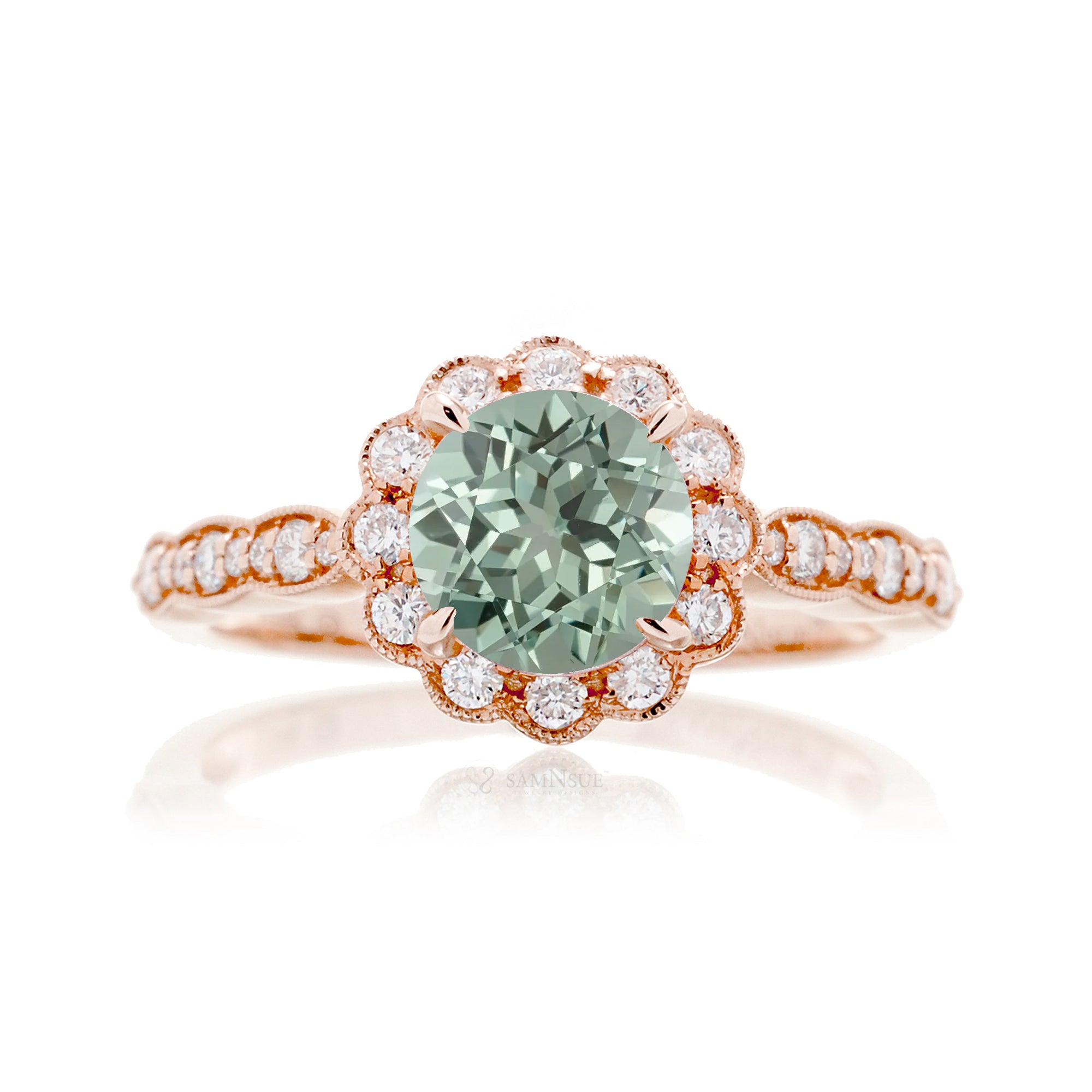 Round green sapphire scallop diamond vintage ring rose gold