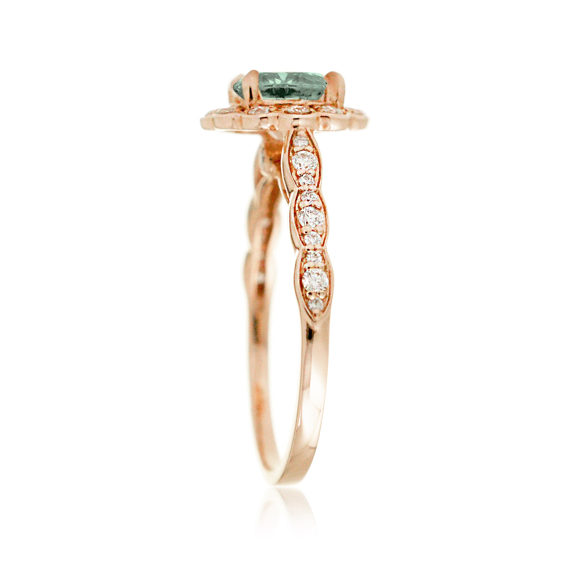 Round green sapphire scallop diamond vintage ring rose gold
