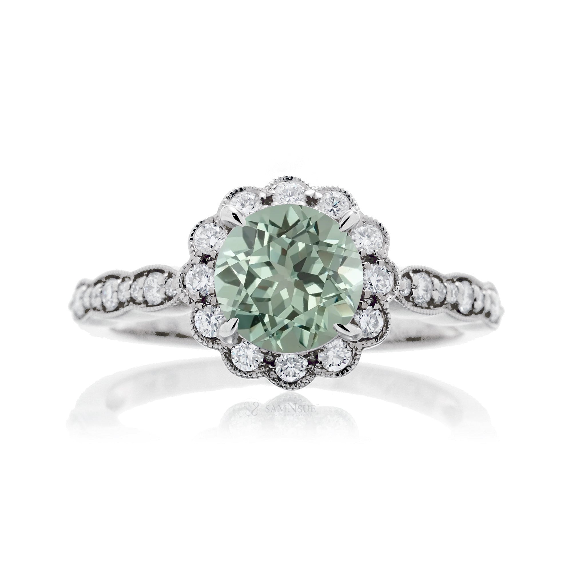 Round green sapphire scallop diamond vintage ring white gold