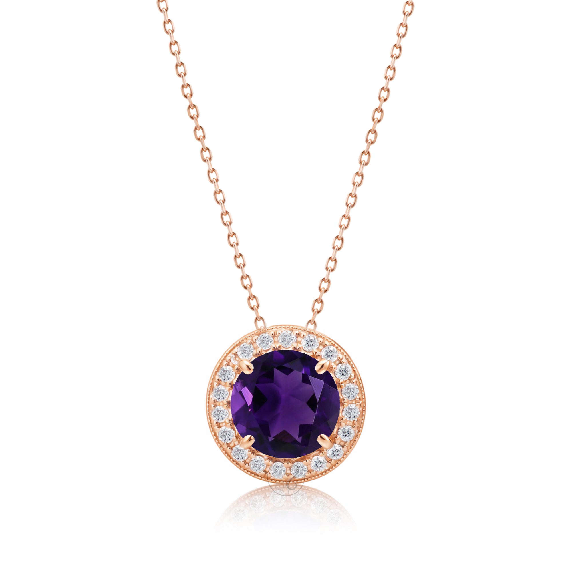 Amethyst Pendant Round Pave Diamond Halo Necklace