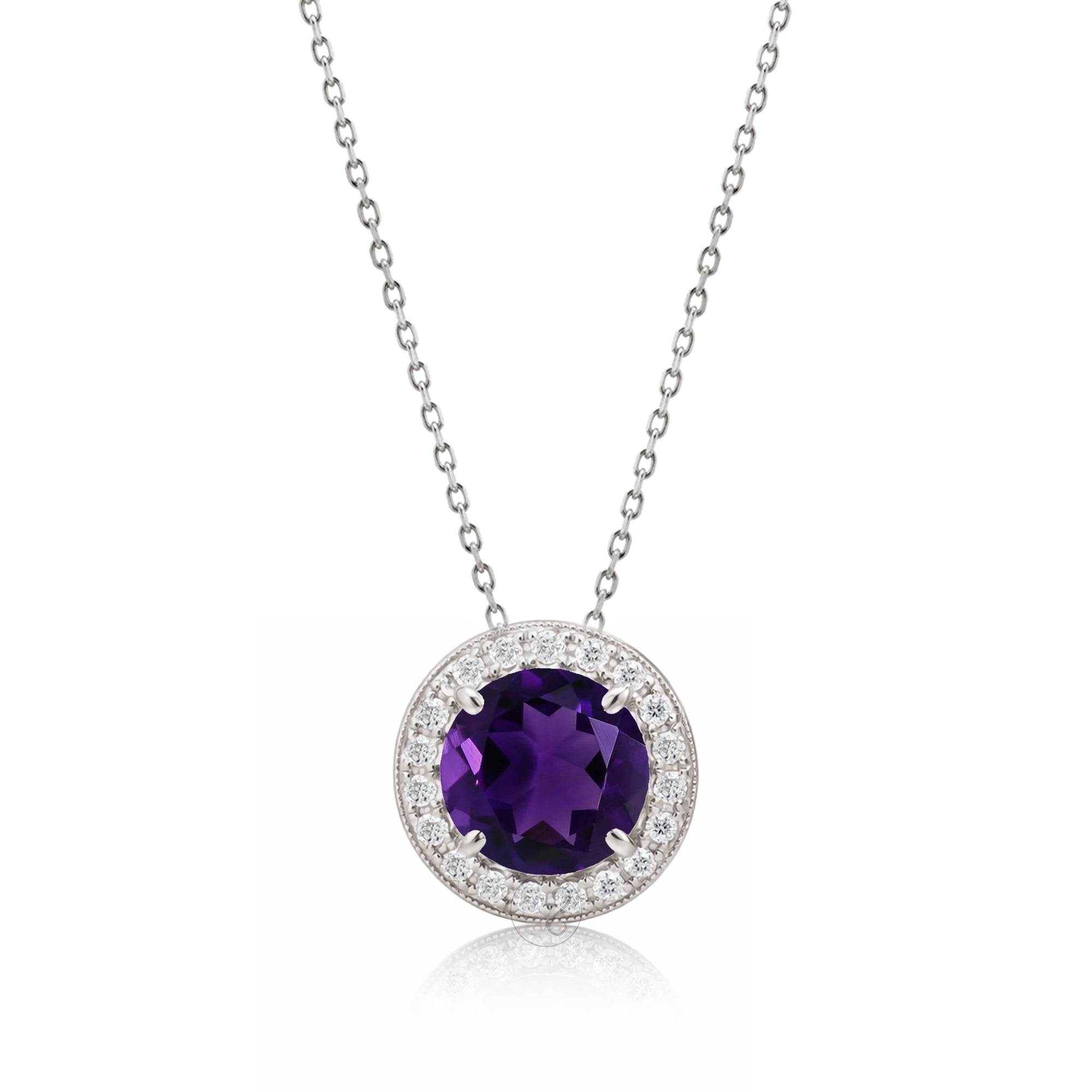 Amethyst Pendant Round Pave Diamond Halo Necklace