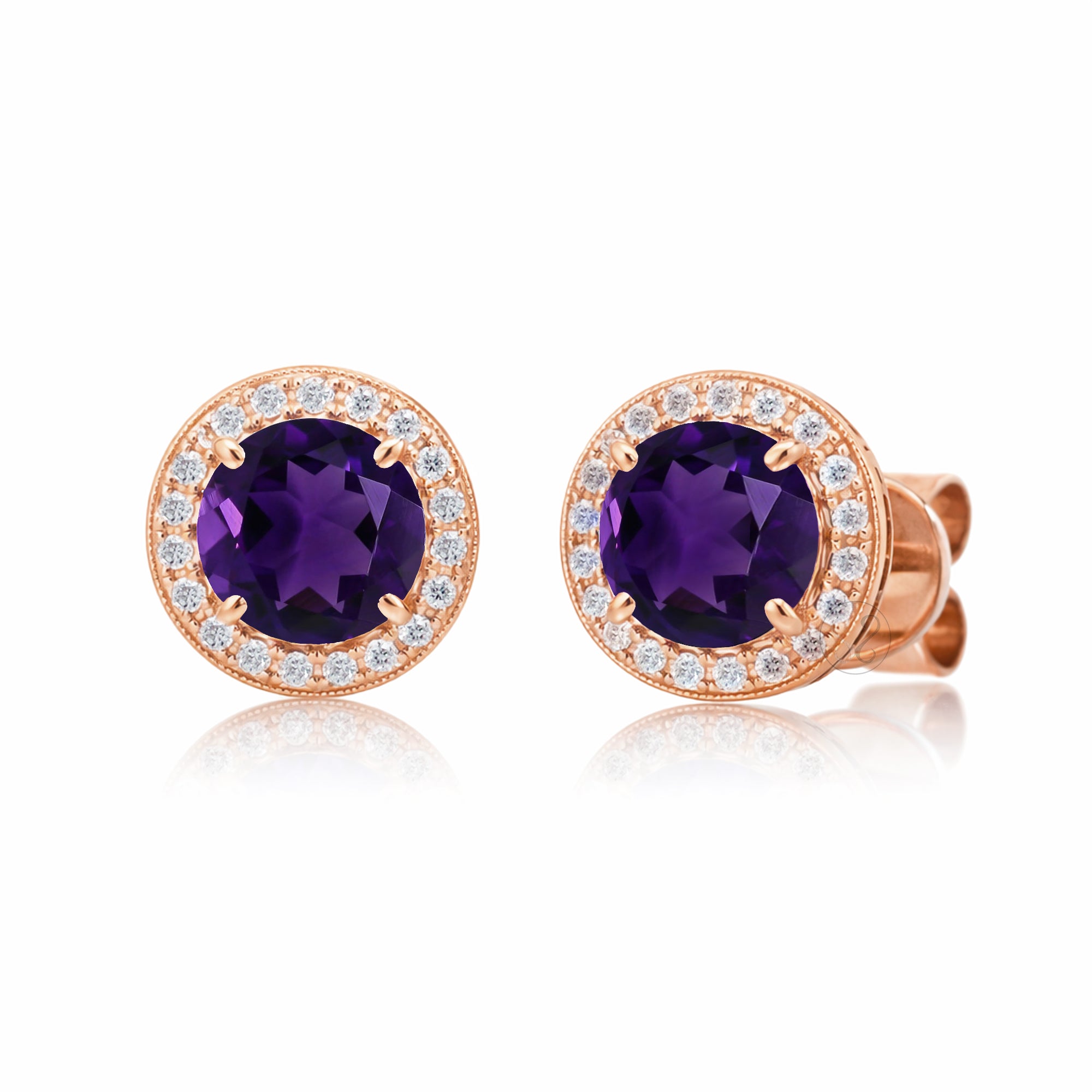 Amethyst Studs Round Pave Diamond Halo Earrings