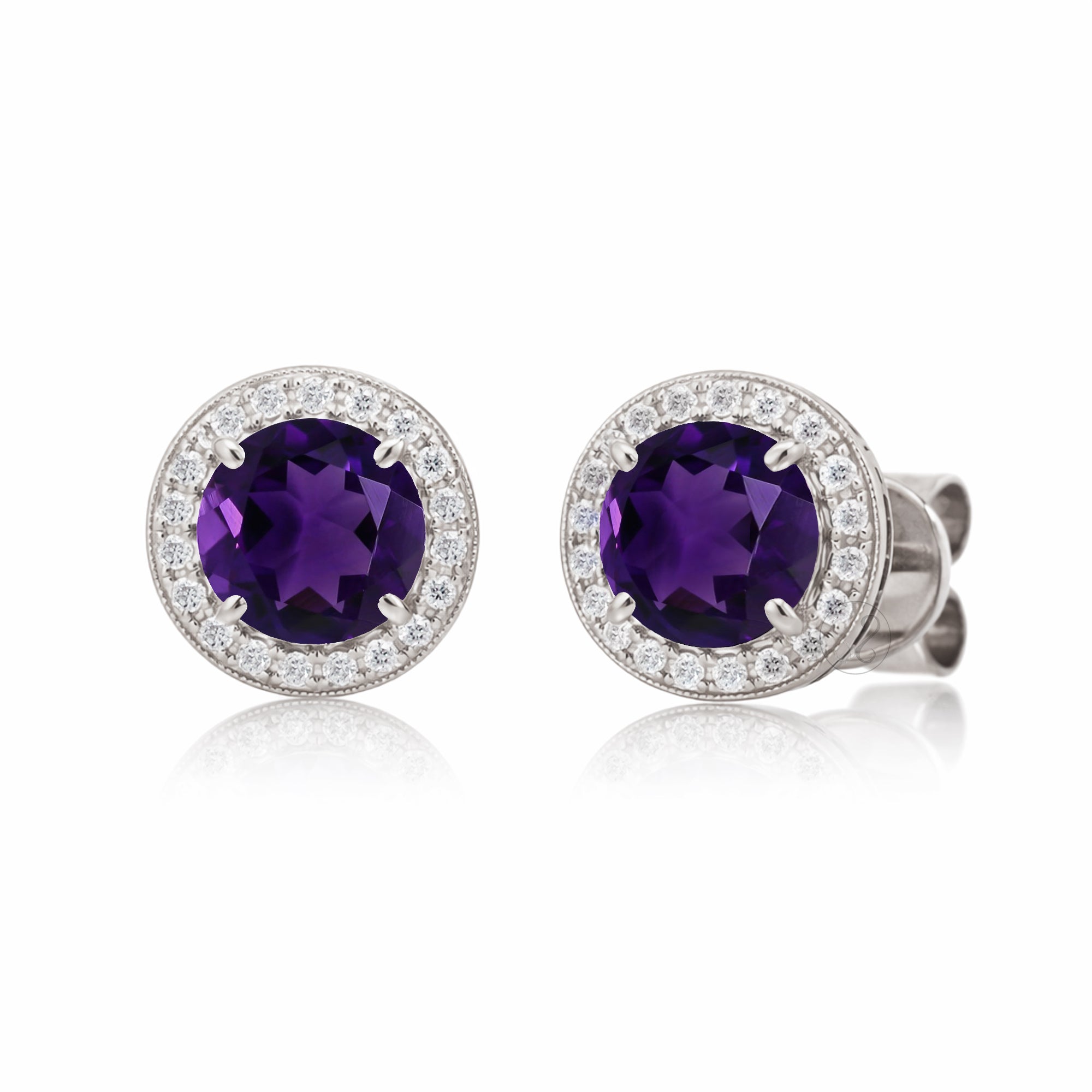 Amethyst Studs Round Pave Diamond Halo Earrings