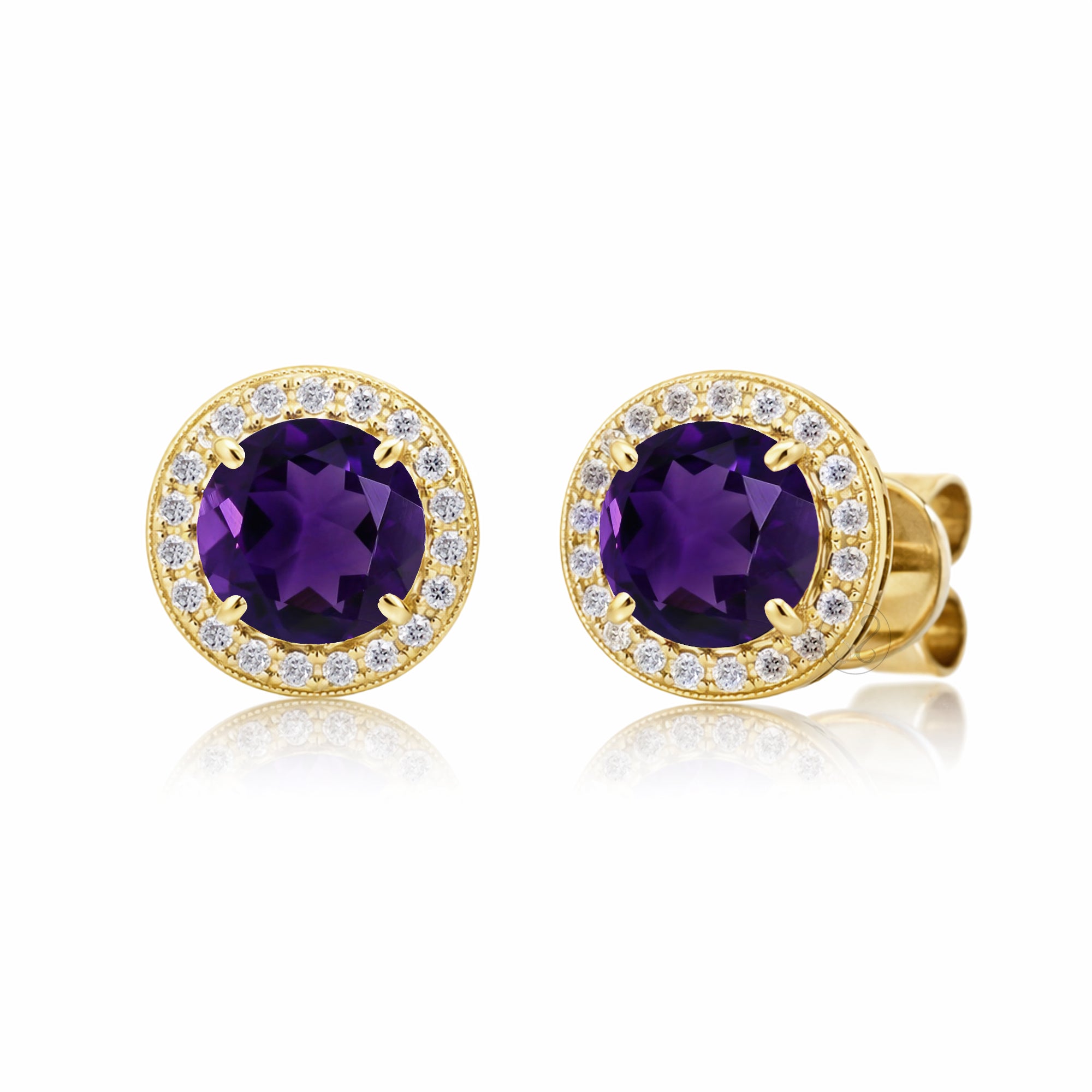 Amethyst Studs Round Pave Diamond Halo Earrings