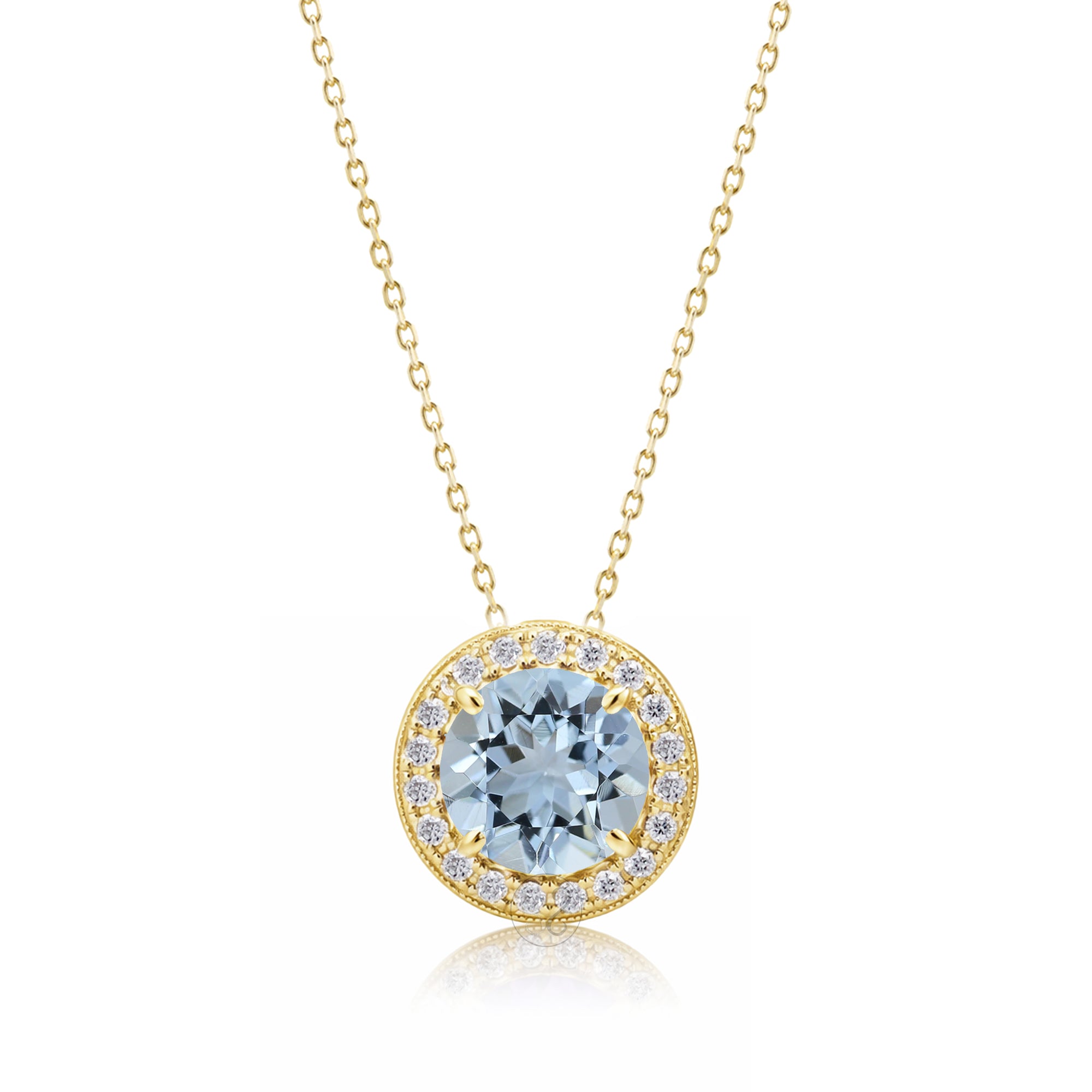 Aquamarine pendant necklace with pave diamond halo with a cable chain in yellow gold