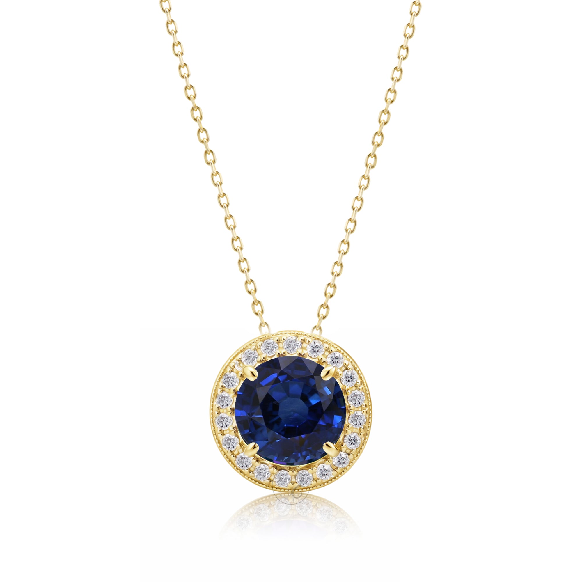 Blue sapphire pendant necklace with pave diamond halo with a cable chain in yellow gold