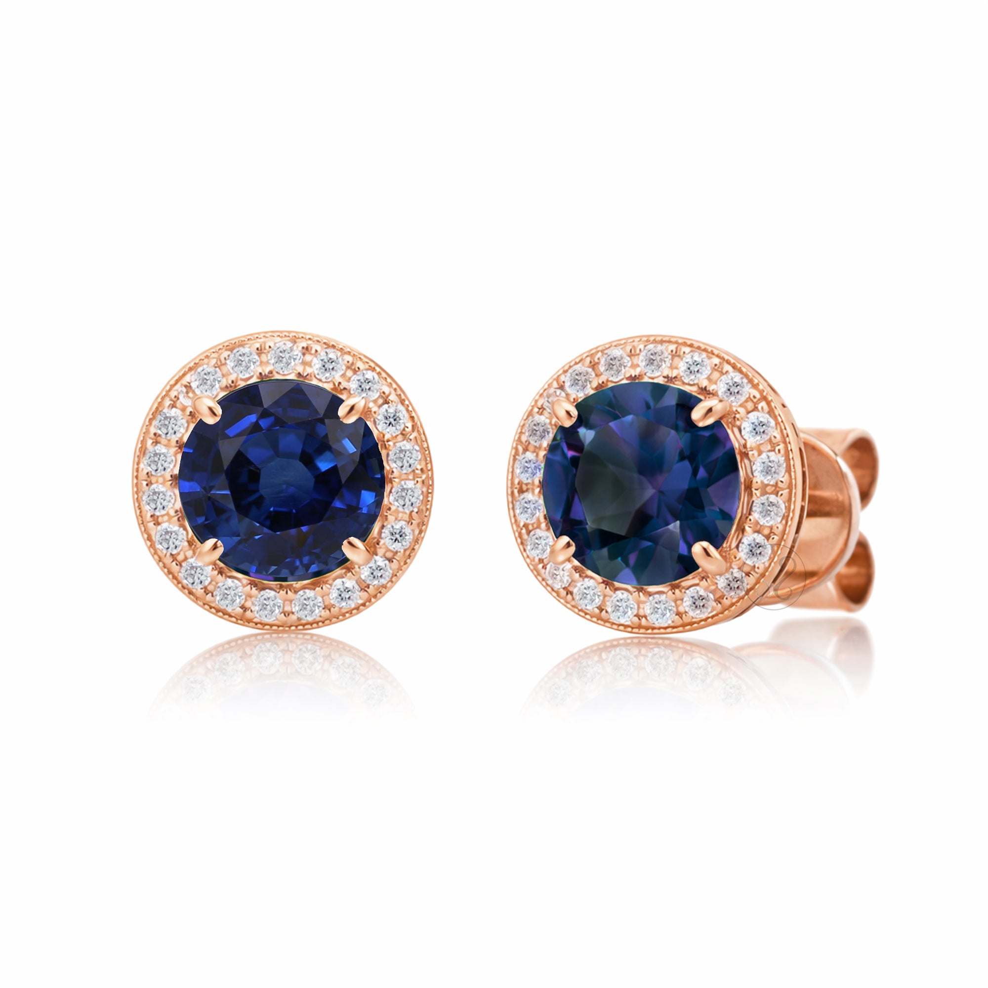 Blue sapphire stud earrings with pave diamond halo with push backs in rose gold