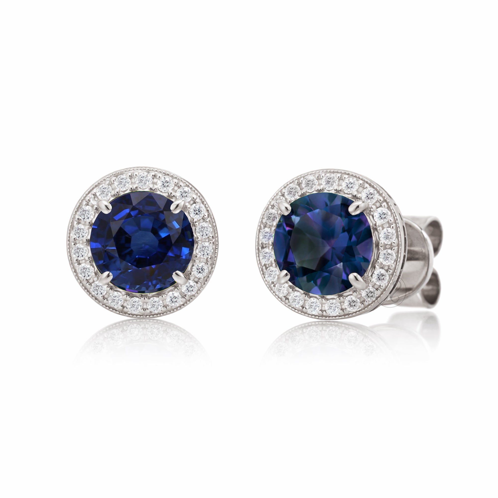 Blue sapphire stud earrings with pave diamond halo with push backs in white gold