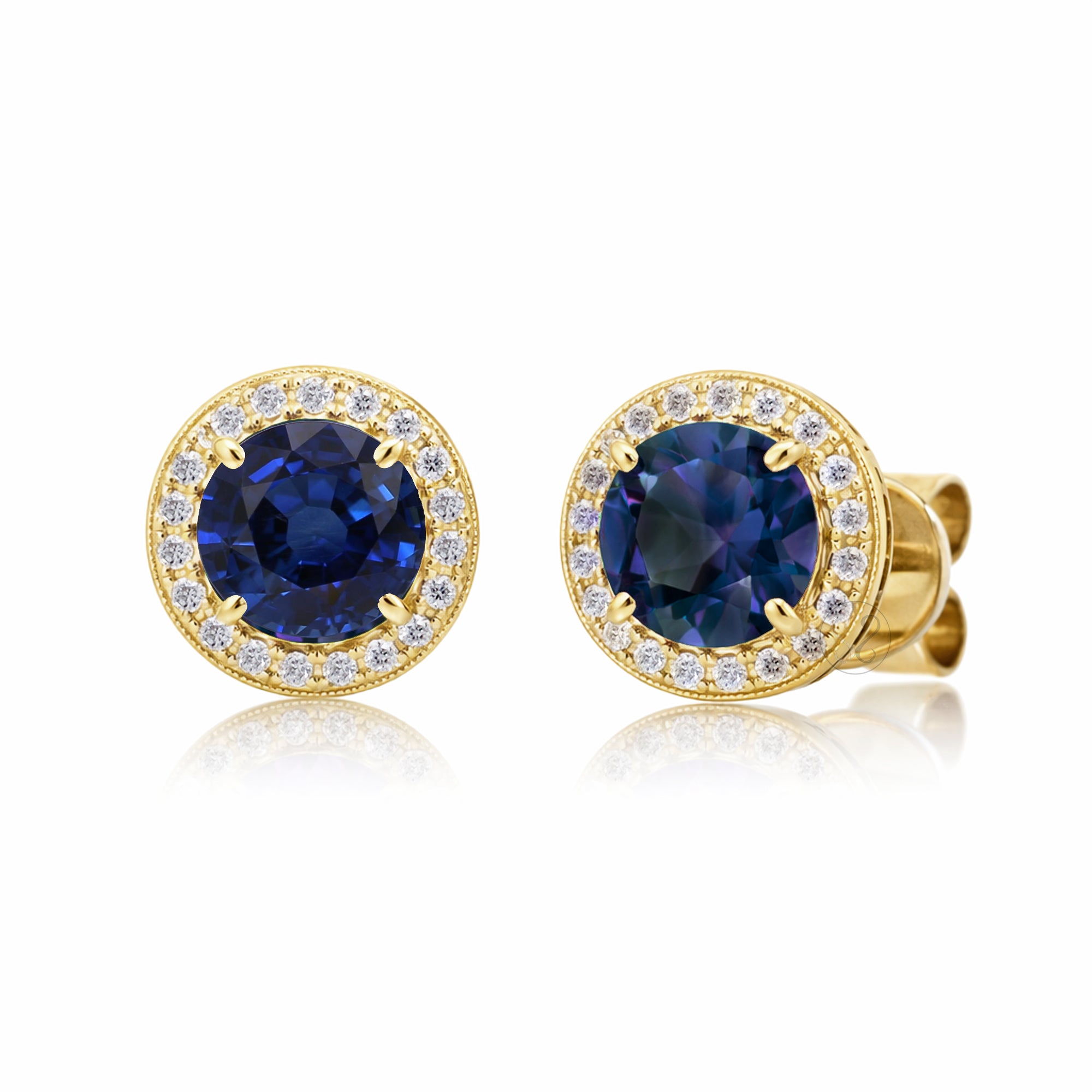 Blue sapphire stud earrings with pave diamond halo with push backs in yellow gold
