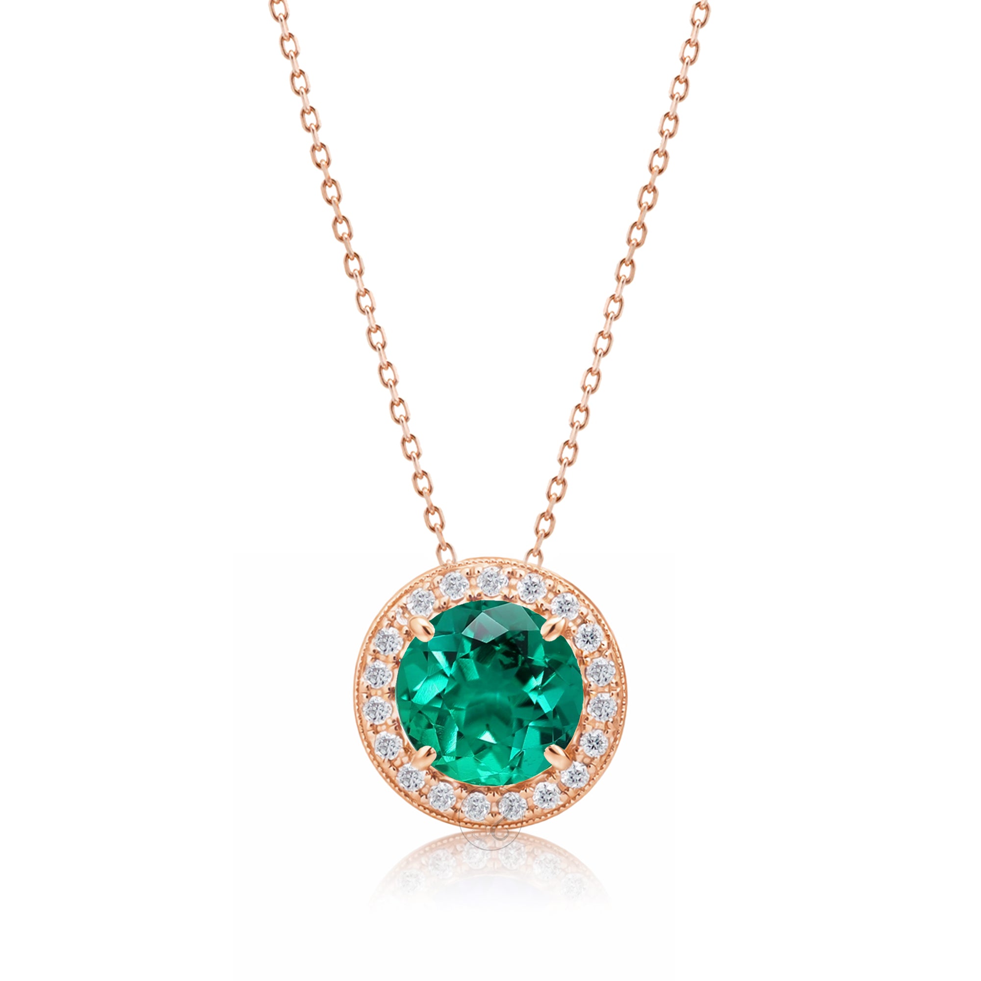 Emerald pendant necklace with pave diamond halo with a cable chain in rose gold