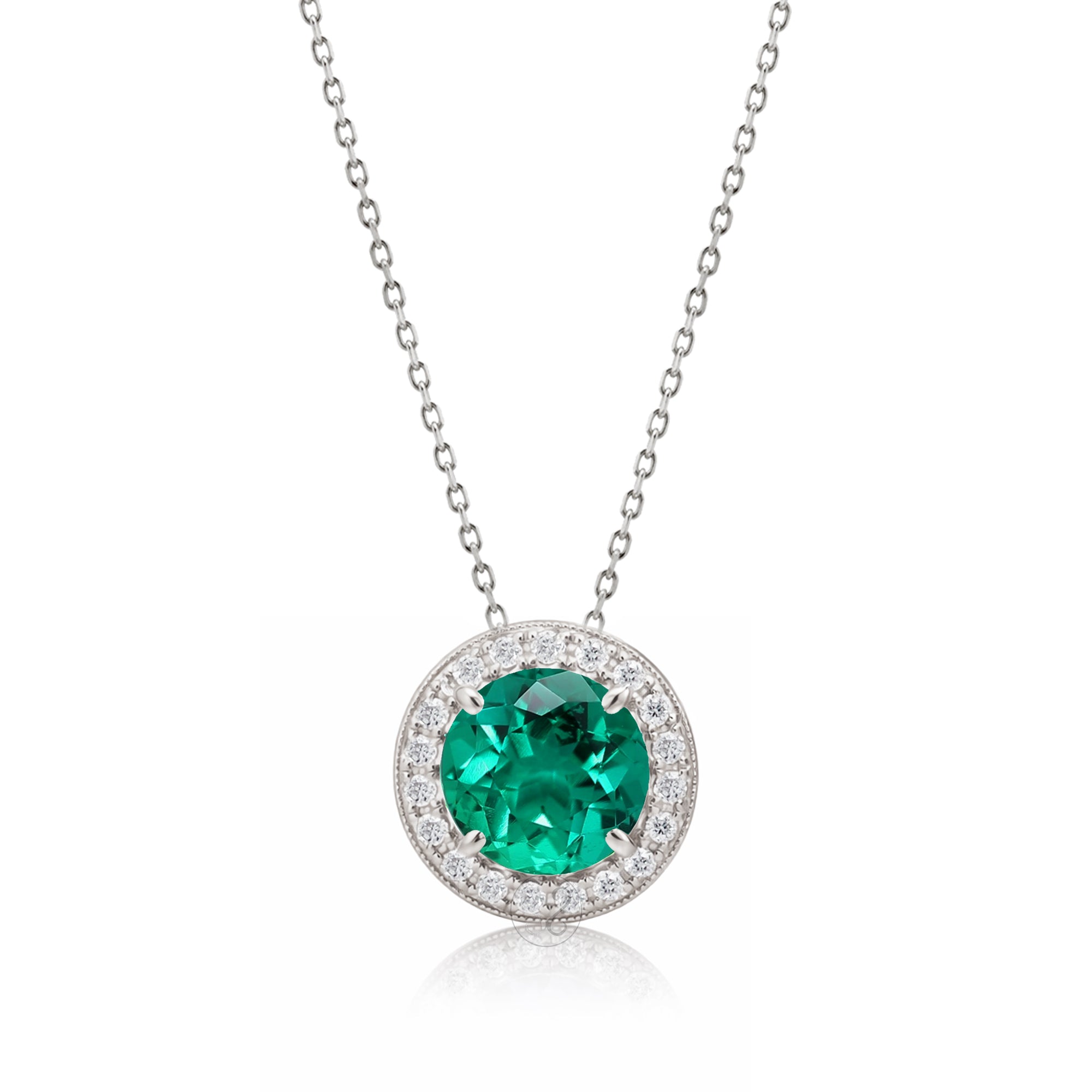 Emerald pendant necklace with pave diamond halo with a cable chain in white gold