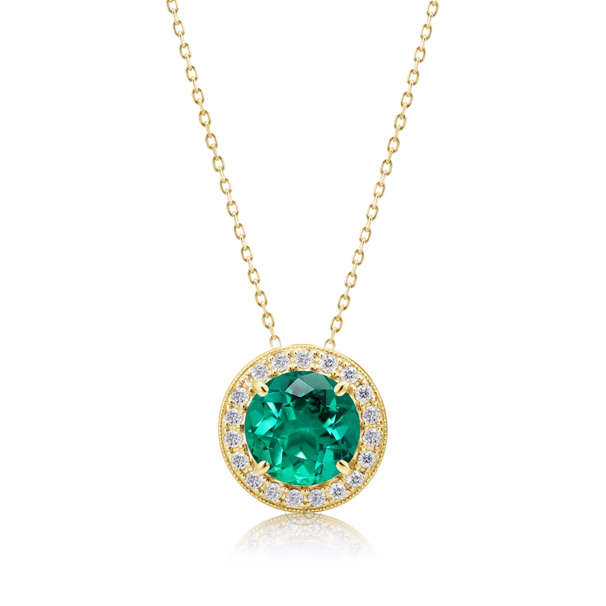 Emerald pendant necklace with pave diamond halo with a cable chain in yellow gold
