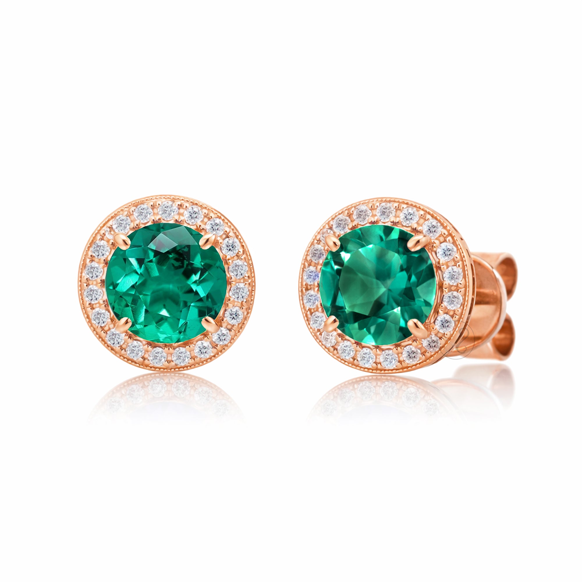 Emerald stud earrings with pave diamond halo with push backs in rose gold