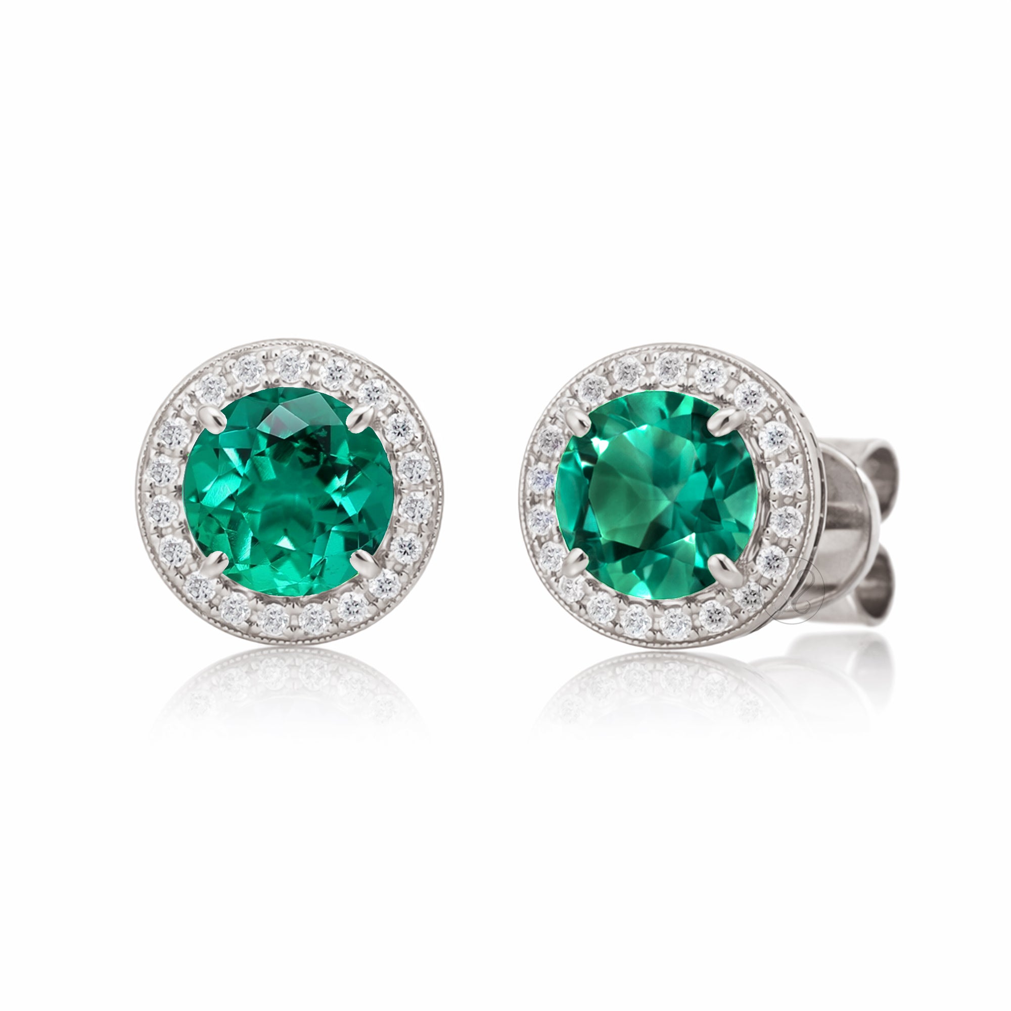 Emerald stud earrings with pave diamond halo with push backs in white gold
