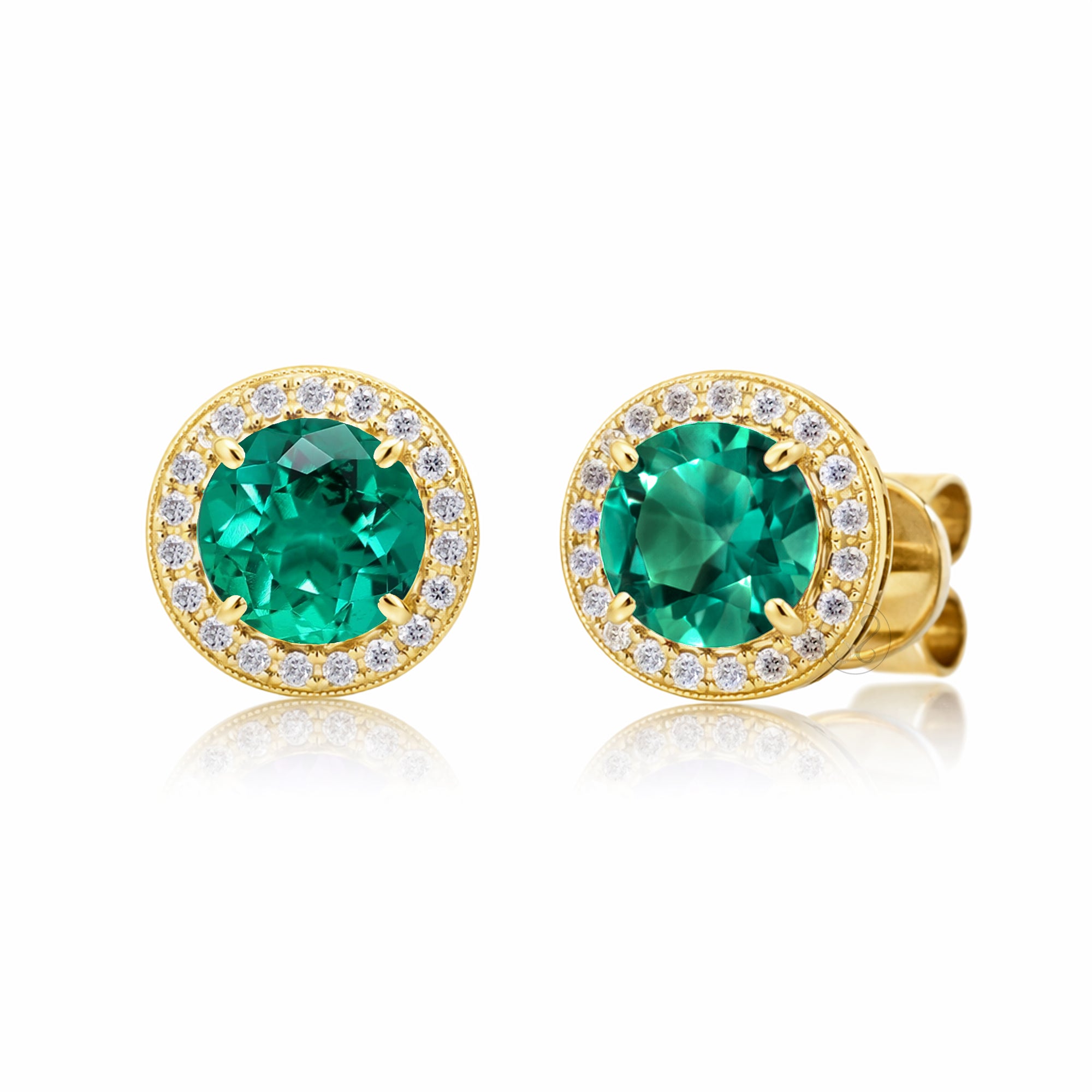 Emerald stud earrings with pave diamond halo with push backs in yellow gold