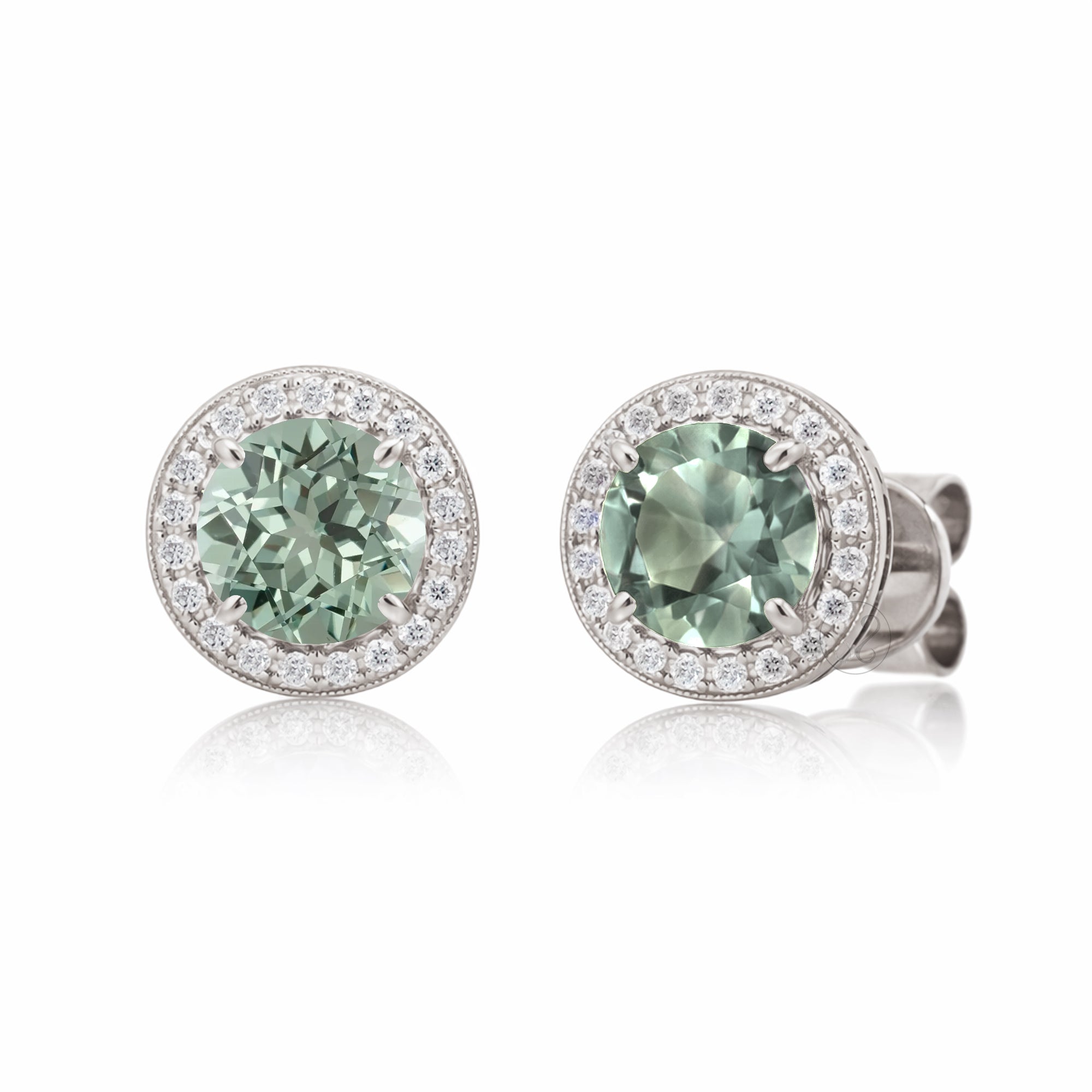 Green sapphire stud earrings with pave diamond halo with push backs in white gold